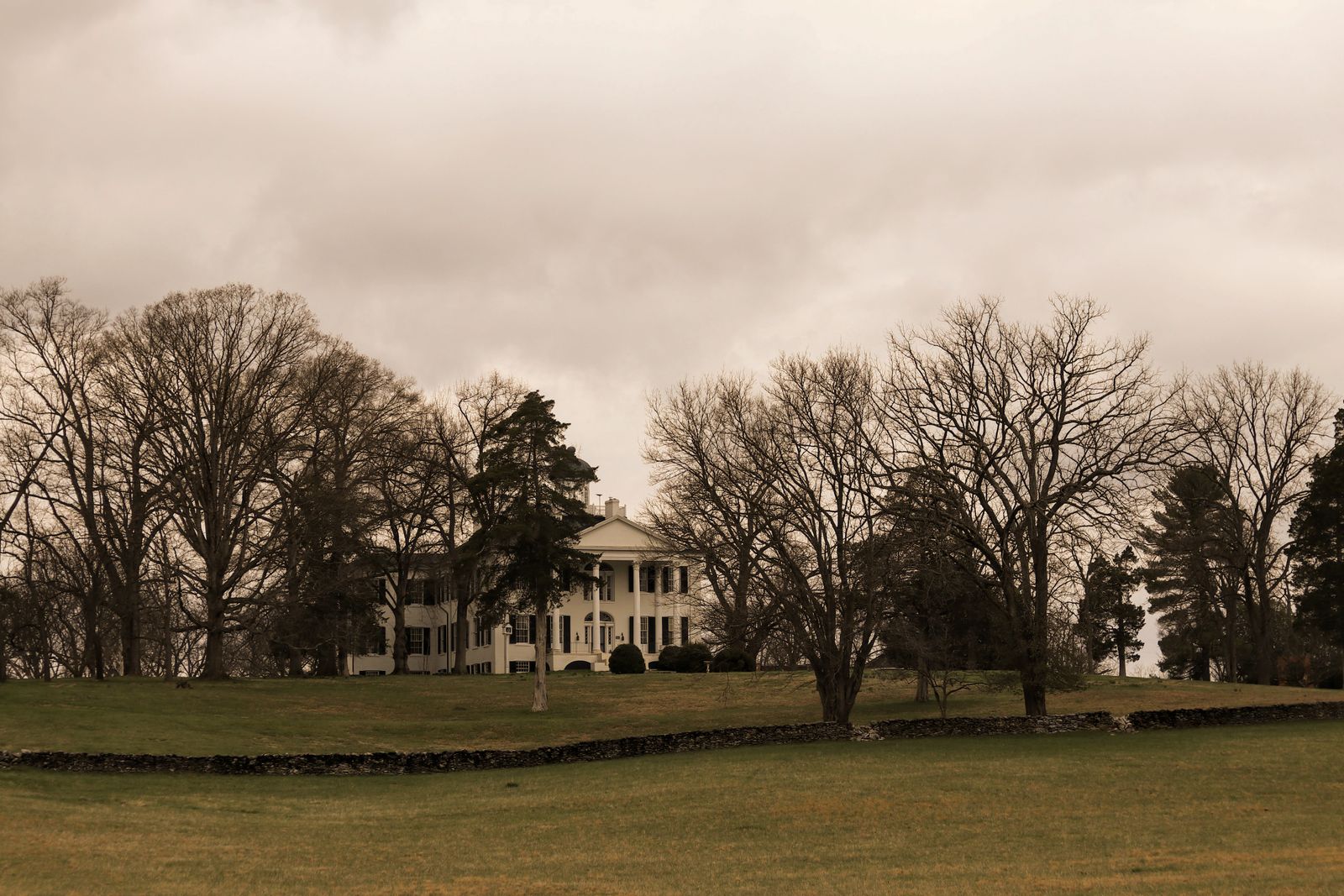 A picturesque view of a historic mansion surrounded by leafless trees on a cloudy day.