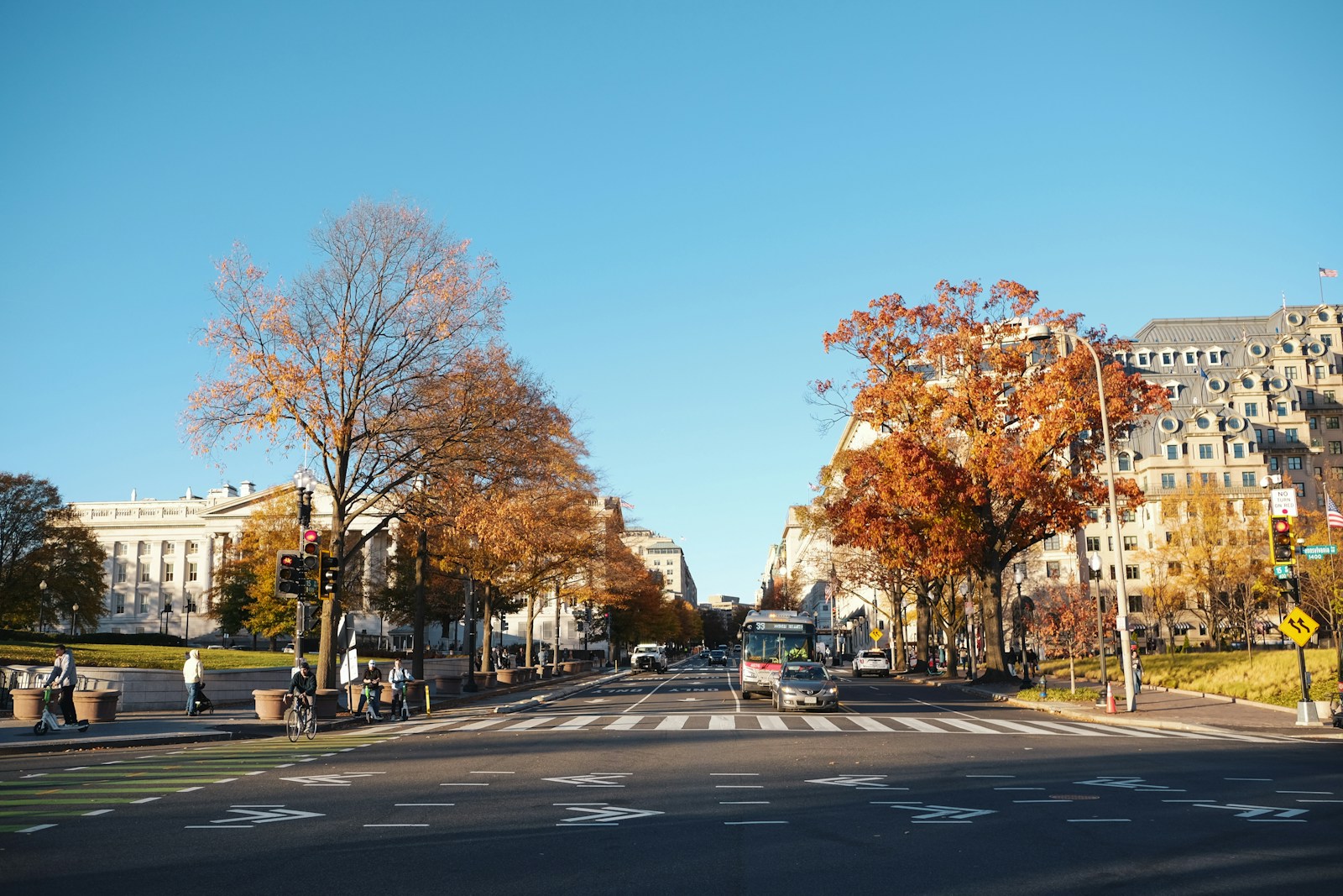 A view of a city street with buildings in the background