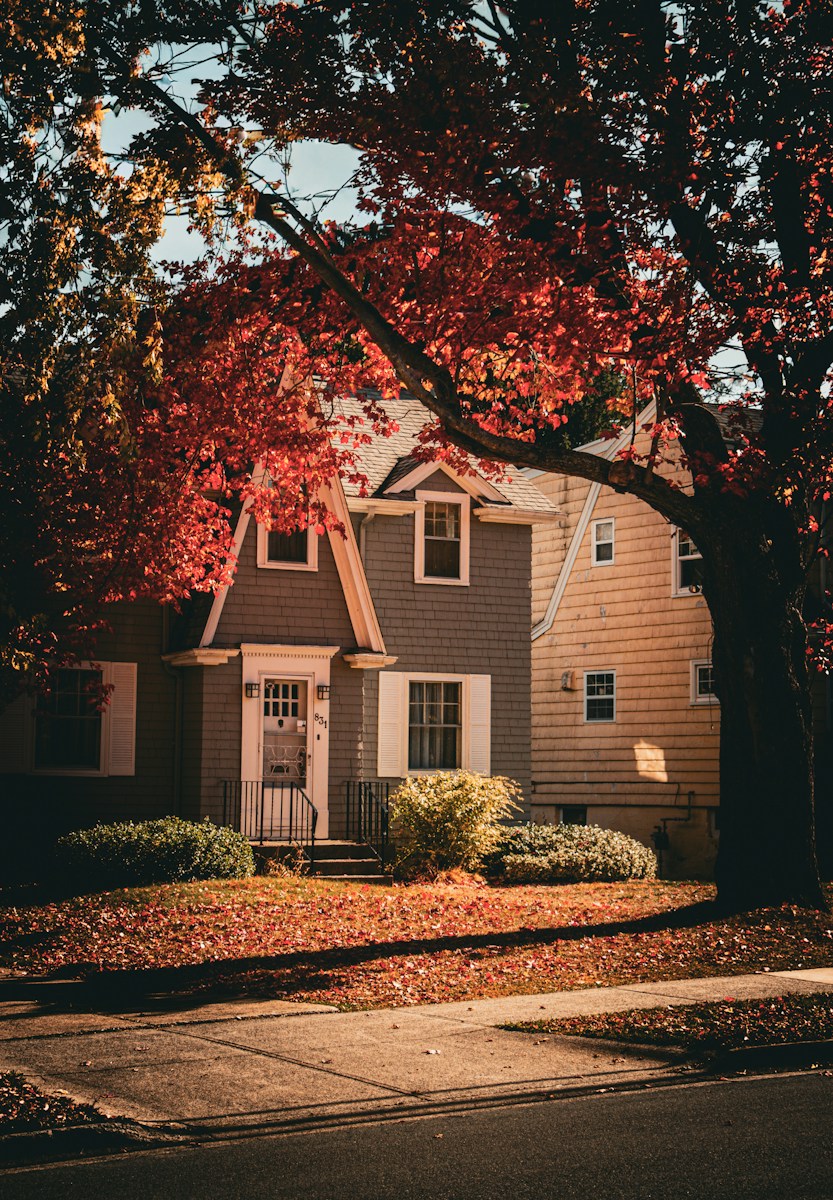Cozy house surrounded by vibrant autumn foliage