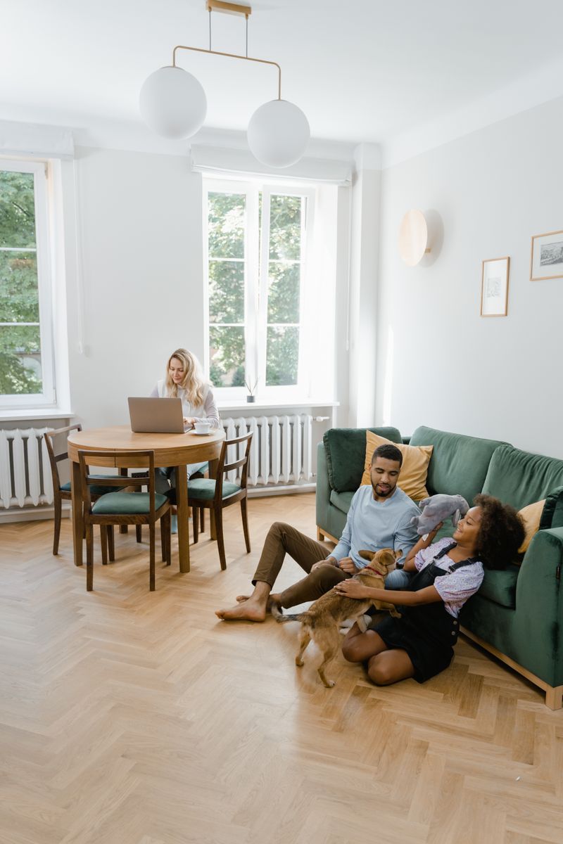 A family playing with their dog in a comfortable living room while another member works on a laptop.