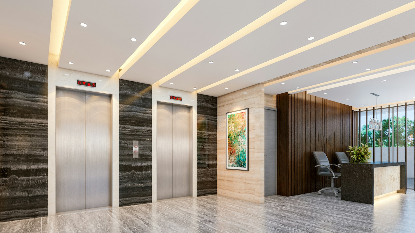 Modern lobby with elevators and reception desk