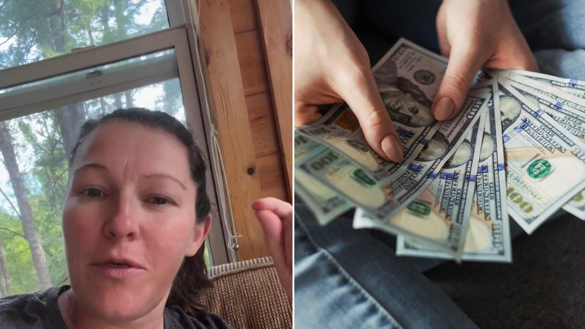 Split image: a woman with dark hair pulled back speaks to camera beside a window in a wood-paneled room, next to a close-up of two hands fanning out US $100 bills