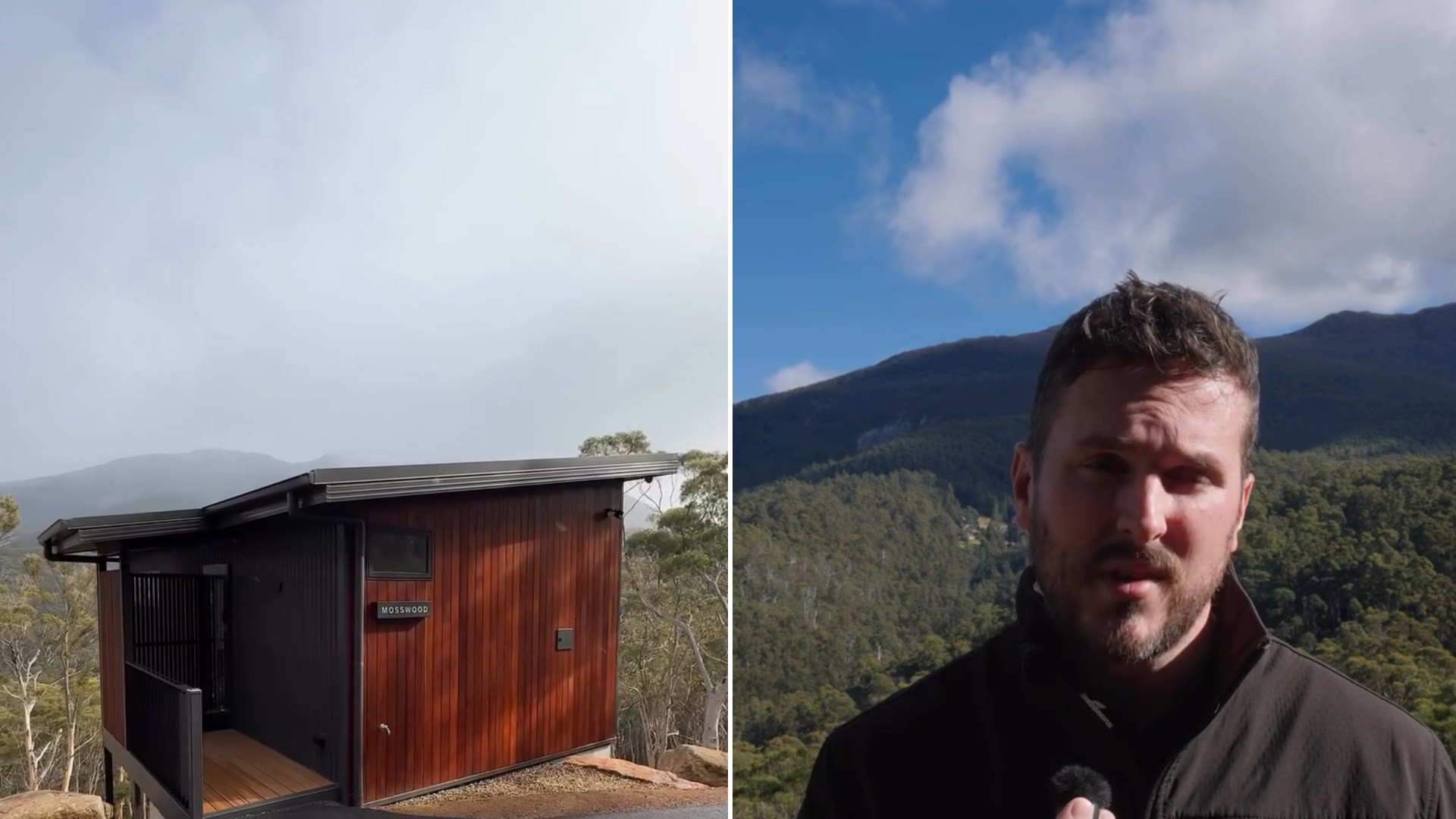 Two frames from the benjamin.little_ Instagram reel: left, the small timber-clad cabin on a misty hillside; right, the host speaking to camera with mountains behind him