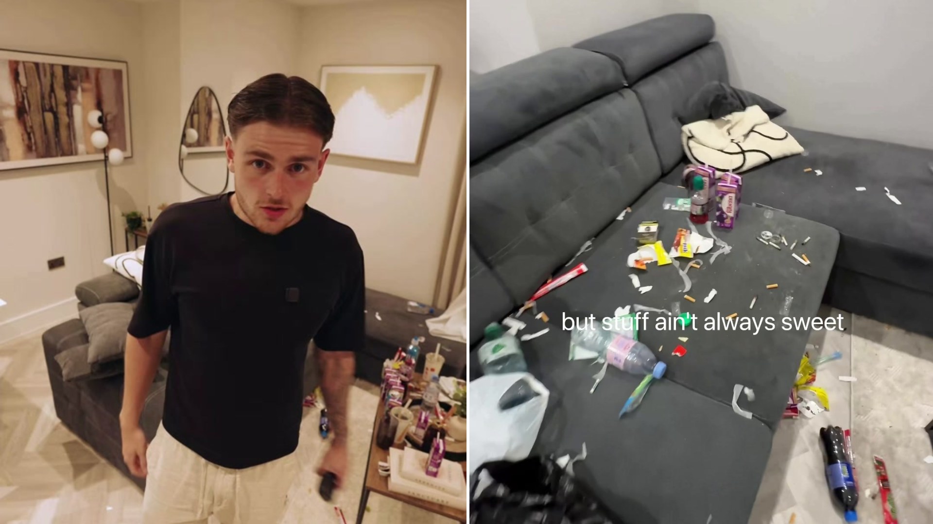 Two frames from the @1brandonallen TikTok: left, the host standing in the living room of his rental; right, the grey sectional sofa covered in trash and debris left by guests