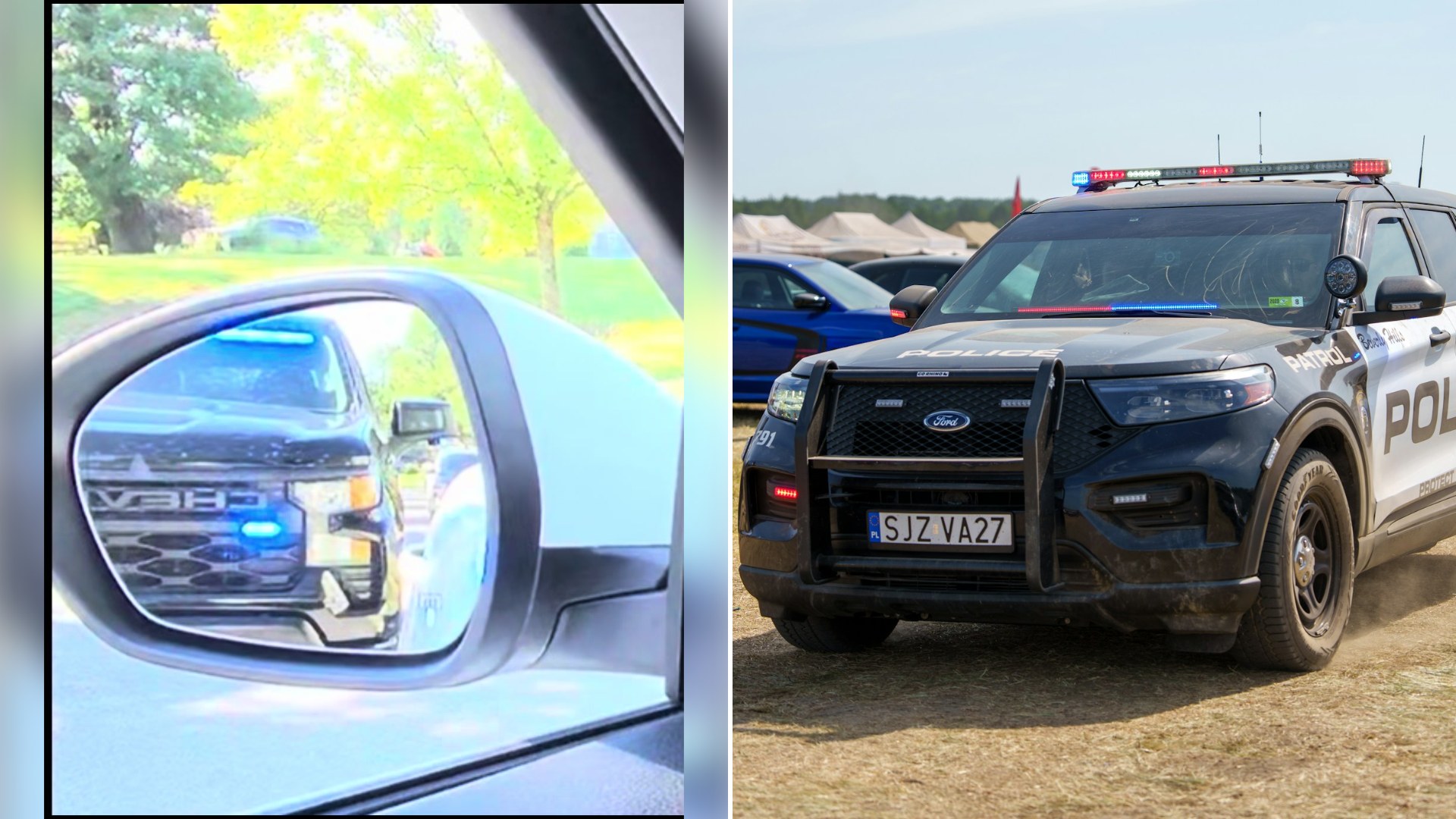 Split image: a car side mirror reflecting a police truck with blue lights flashing on a tree-lined street, next to a black-and-white police SUV with its light bar lit