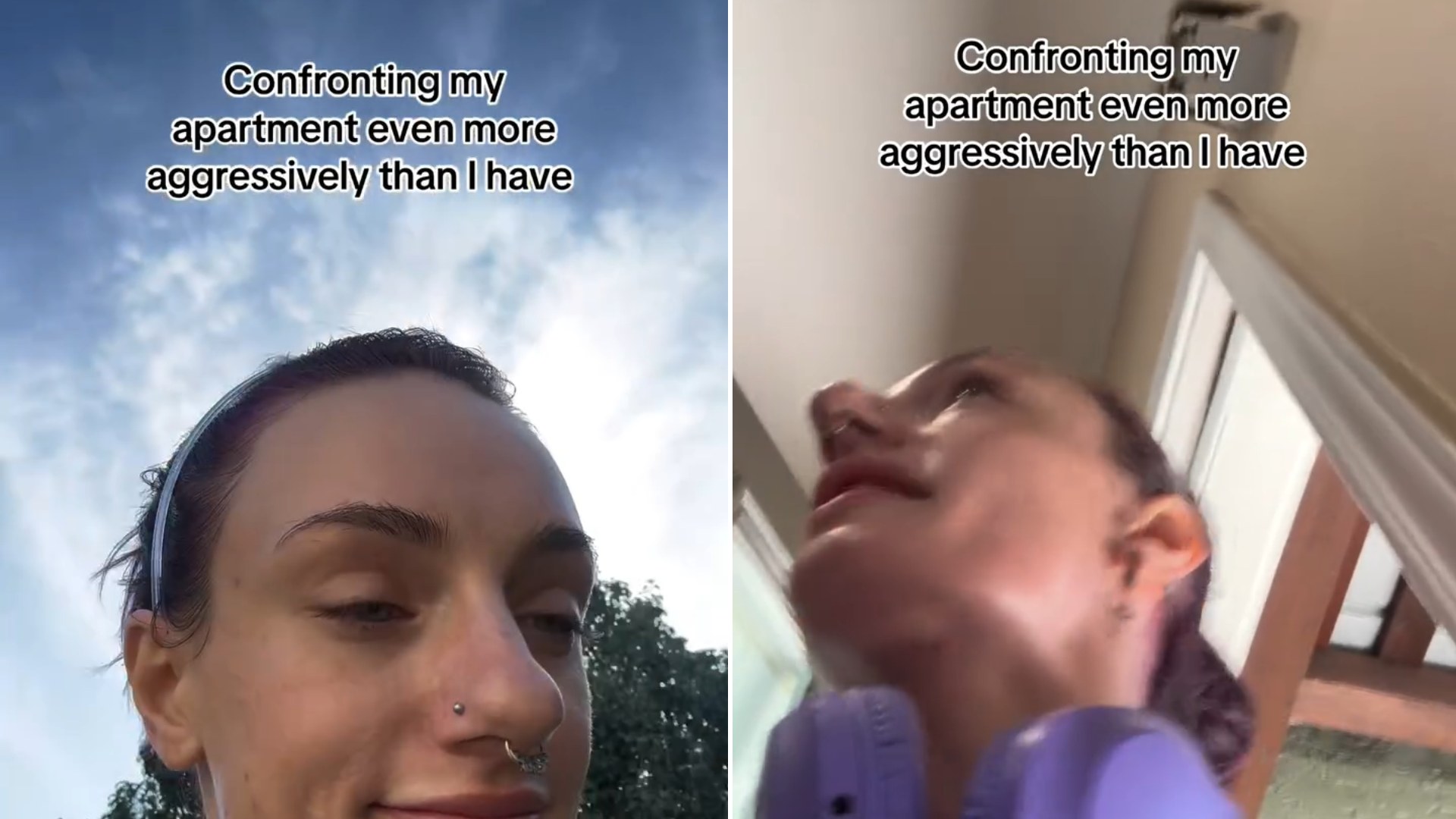 Split image: a woman with a nose ring looks at the camera under a blue sky with the caption Confronting my apartment even more aggressively than I have, next to a low angle of her speaking inside the office