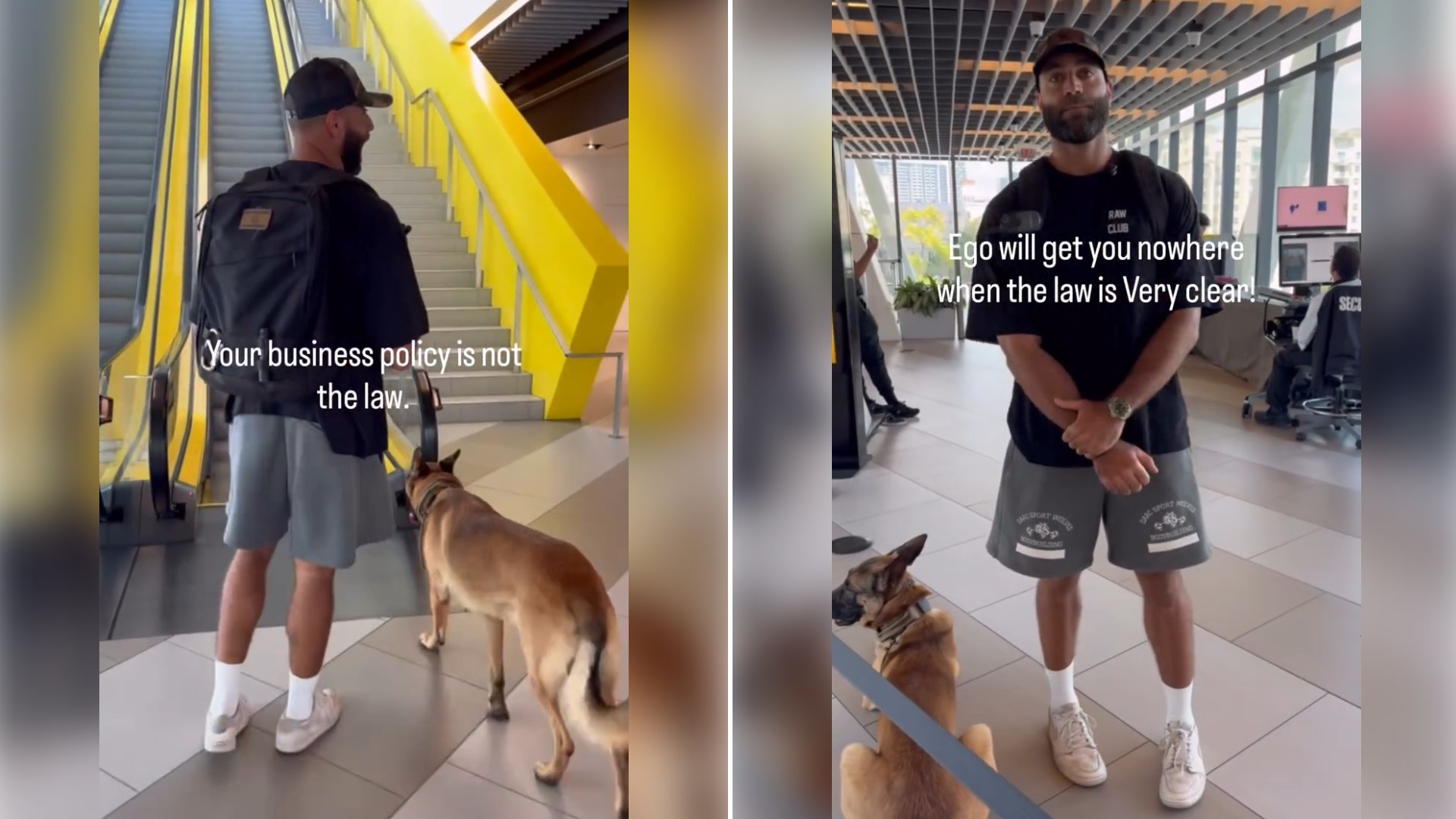 Split image: a man with a backpack and his Belgian Malinois service dog stand by yellow escalators with the caption Your business policy is not the law, next to the same man and dog standing in a station lobby
