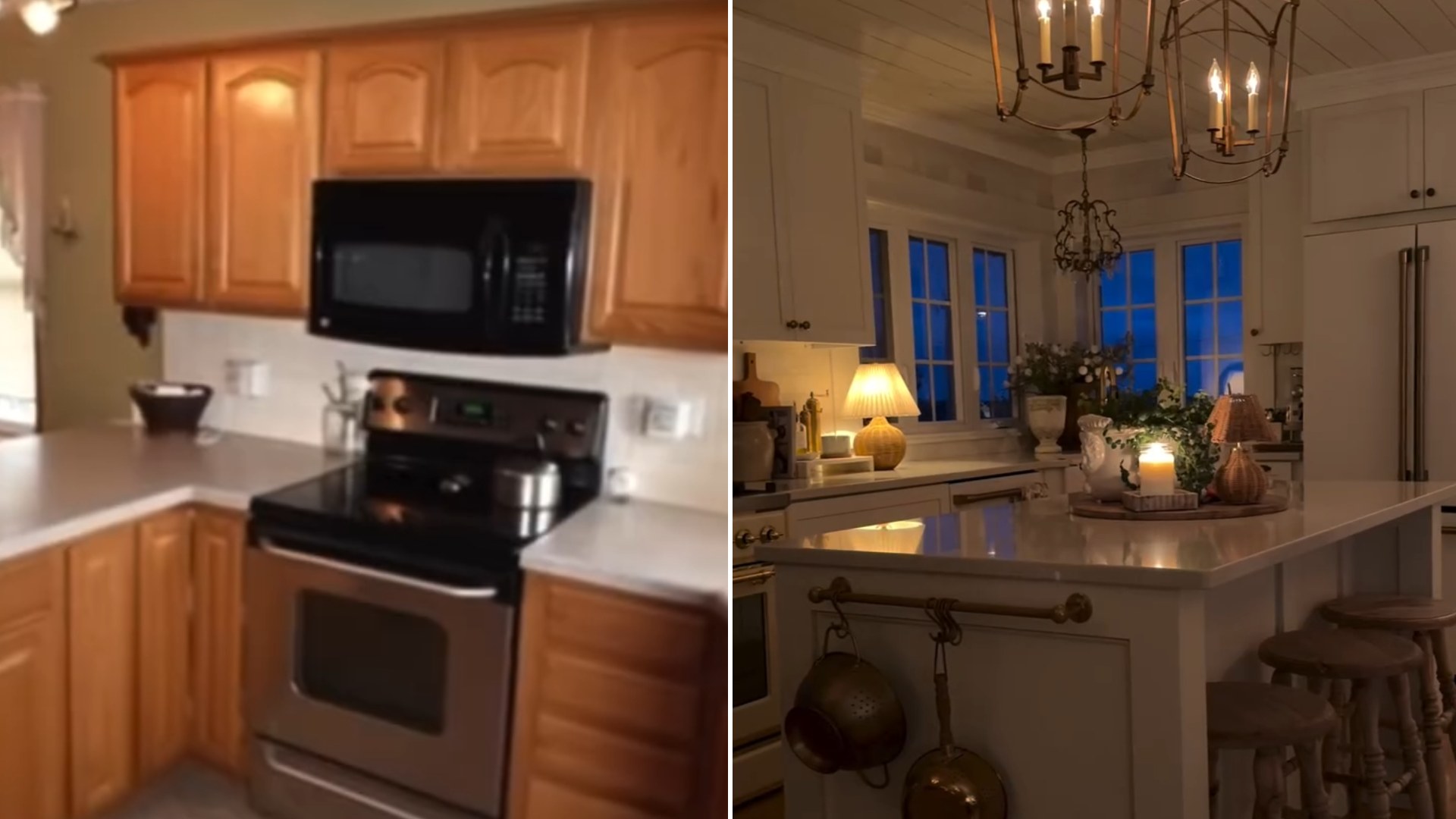 Two frames from the ericamuellerhome Instagram reel: left, the original Zillow listing photo of the oak-cabinet kitchen; right, the same kitchen today with white cabinets, a marble island and chandeliers
