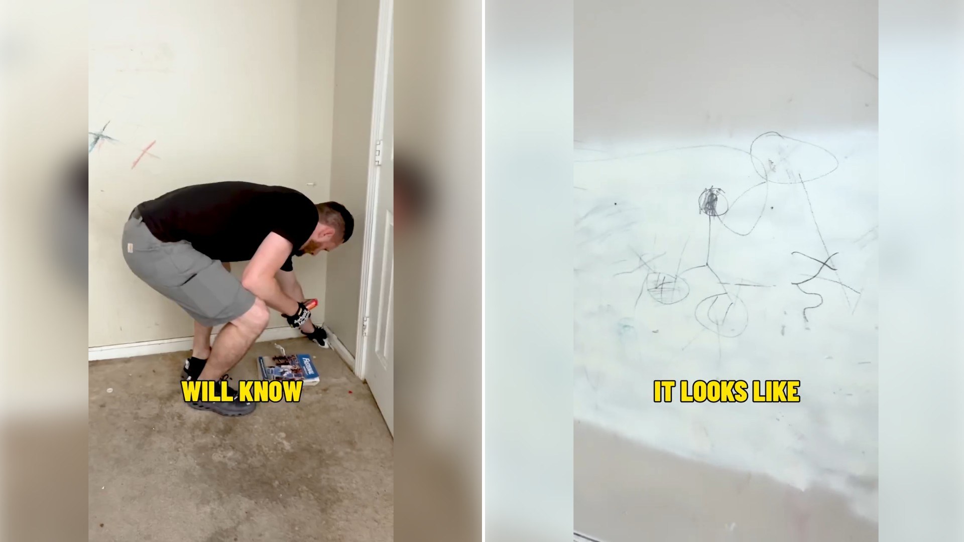 Two moments from an Instagram reel: a man crouching in a doorway and a marble bathroom wall with on-screen text.