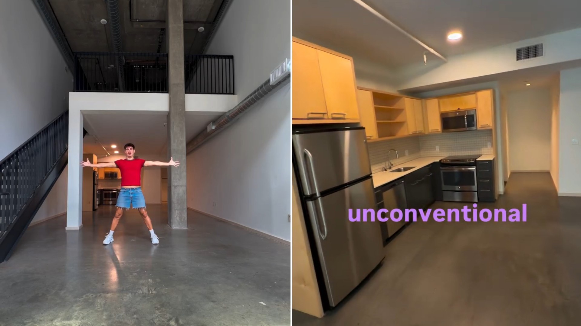 Two moments from an Instagram reel: a woman dancing in an empty loft apartment and a kitchen.