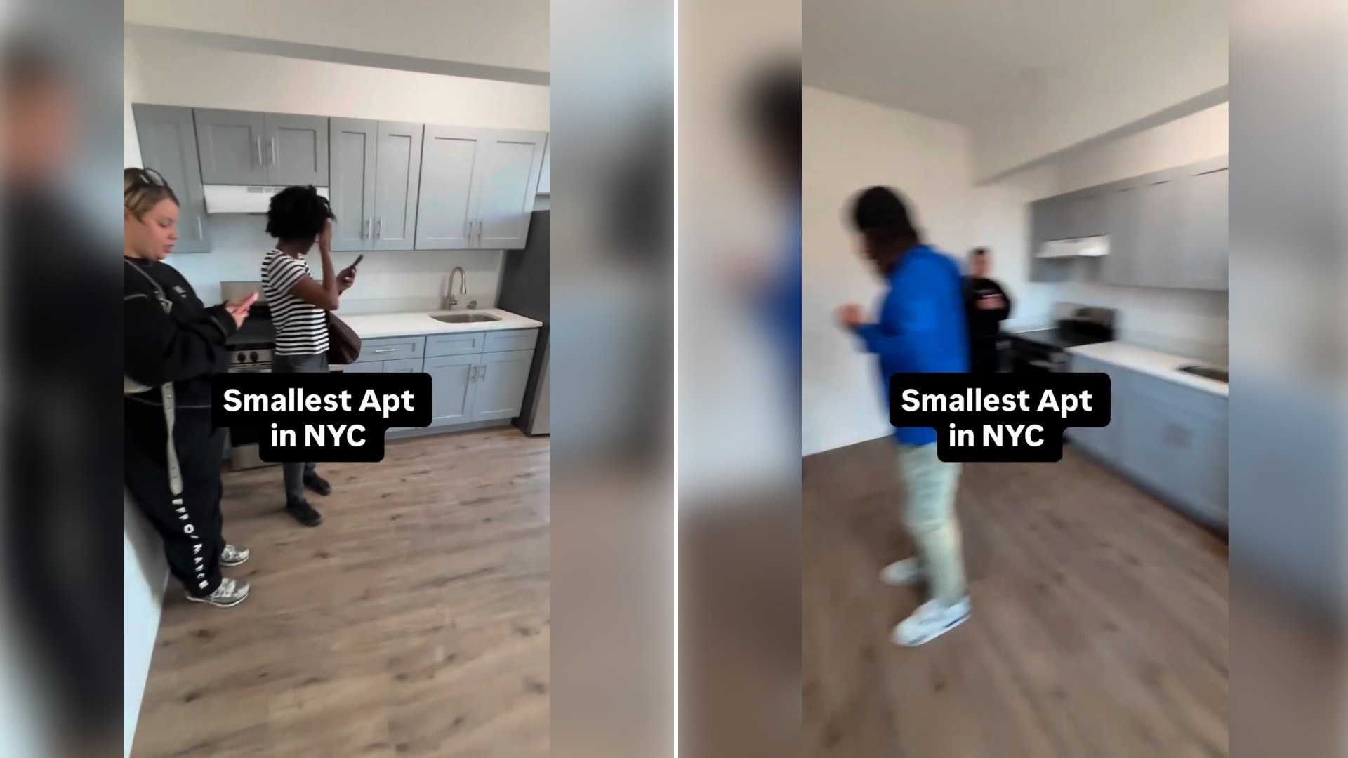 Two moments from an Instagram reel: a tiny apartment with on-screen text and its interior.