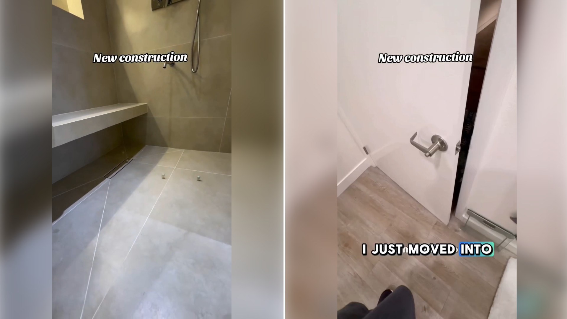 Two moments from an Instagram reel: a bathroom counter and a bathroom with on-screen text.