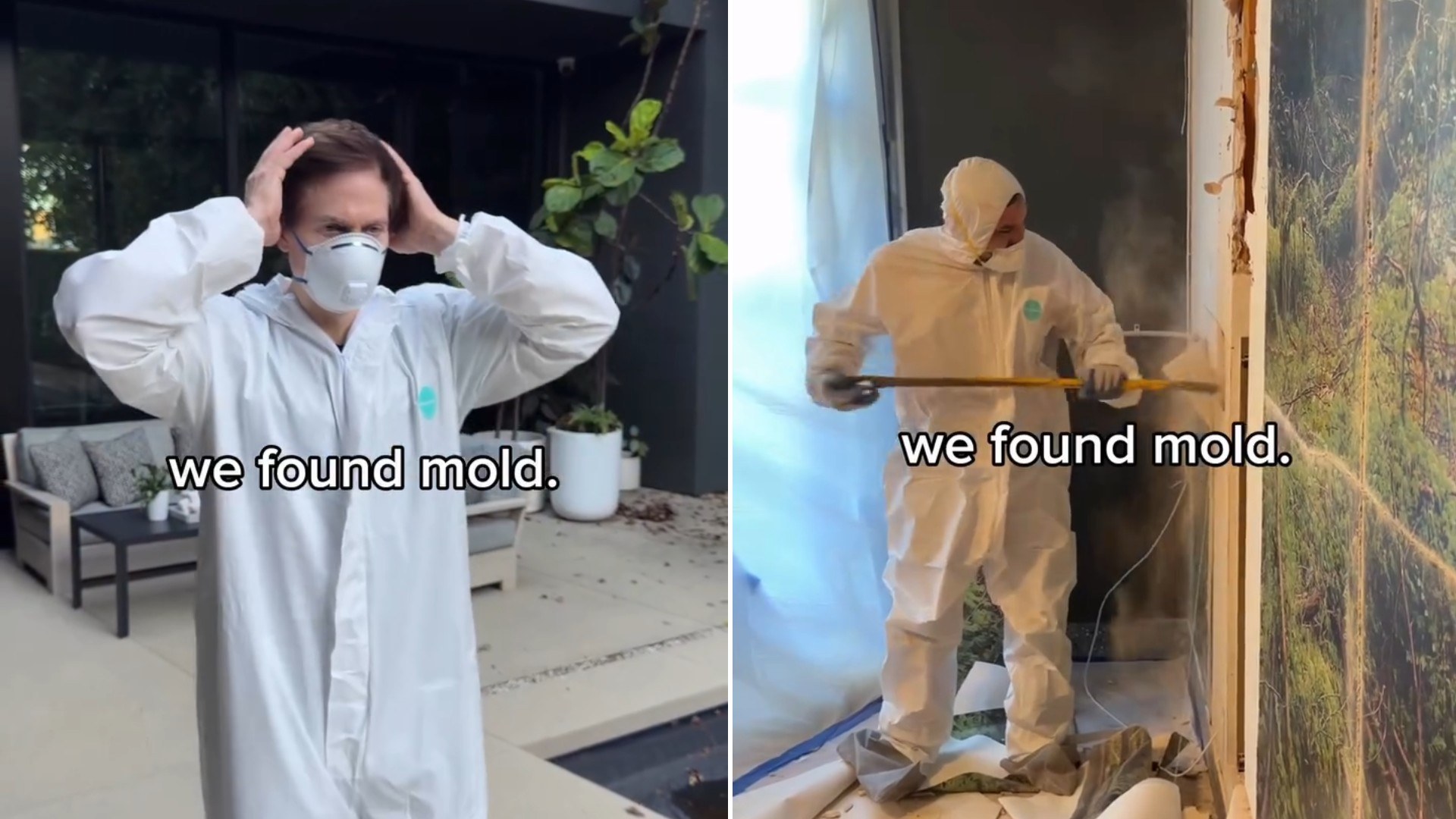 Two moments from an Instagram reel: a man in a white protective suit standing and then crouching.