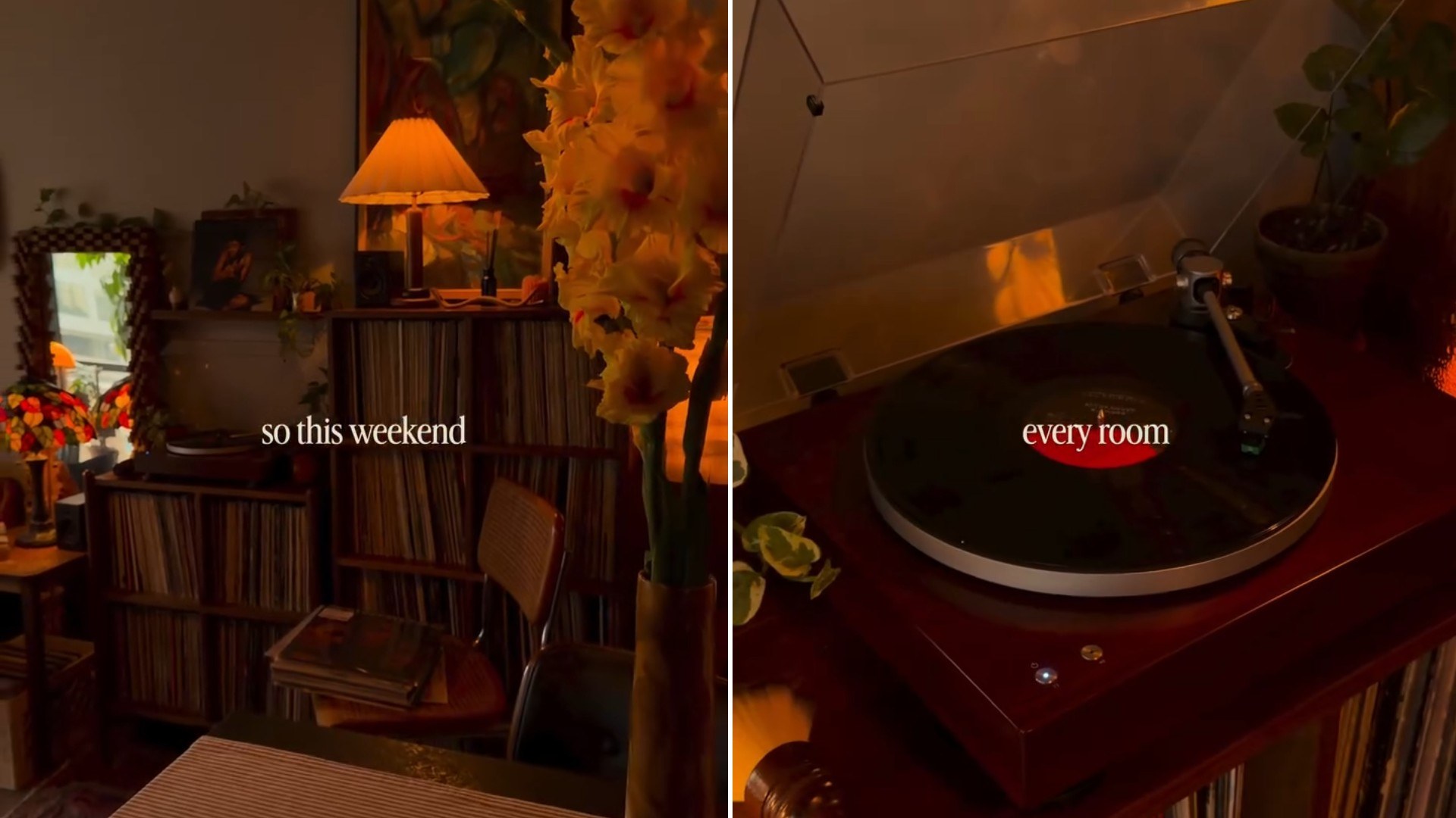 Two moments from an Instagram reel: a warm, dimly lit vintage-style room and a record player.