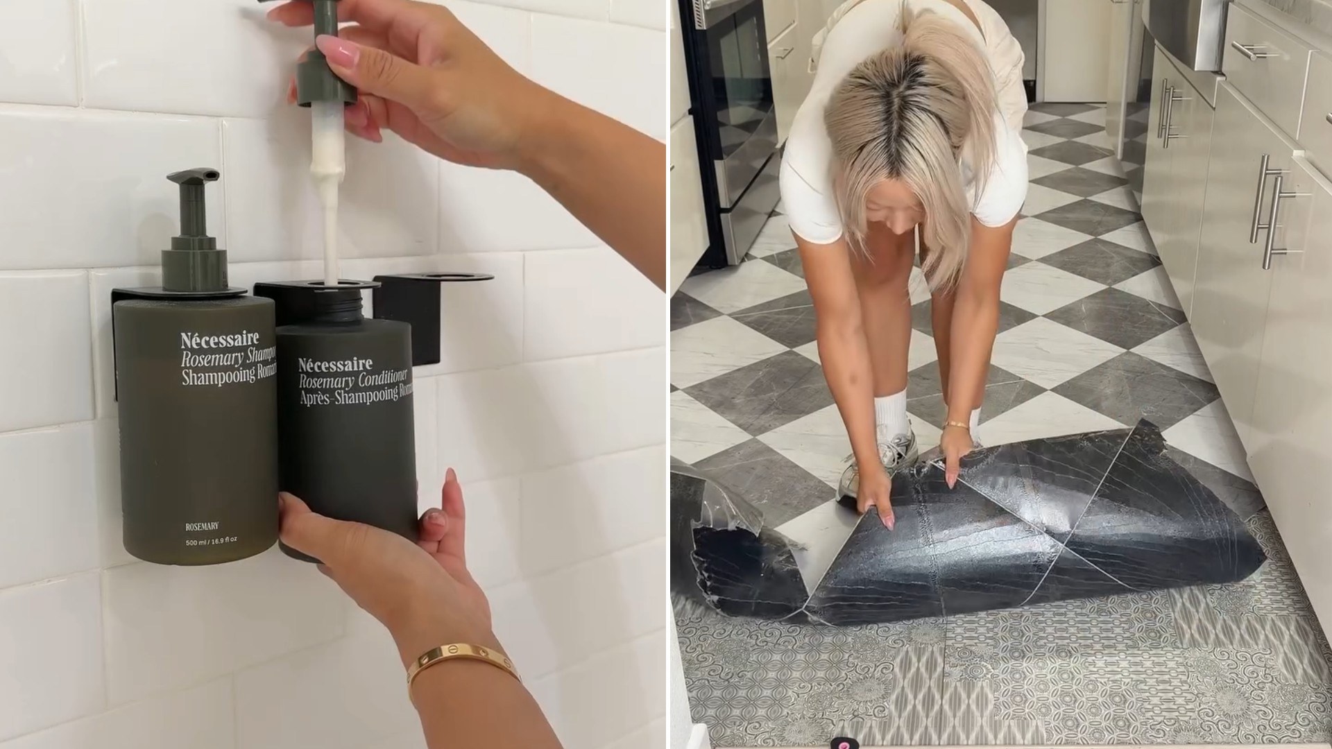 Two moments from an Instagram reel: a hand with a soap dispenser and a person on a checkered floor.