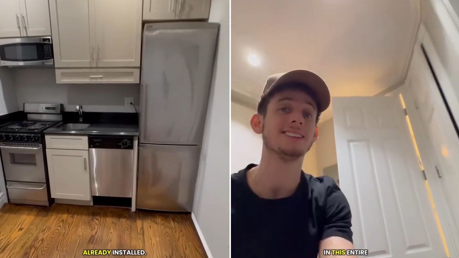 Two moments from an Instagram reel: an apartment kitchen and a man in a cap talking.