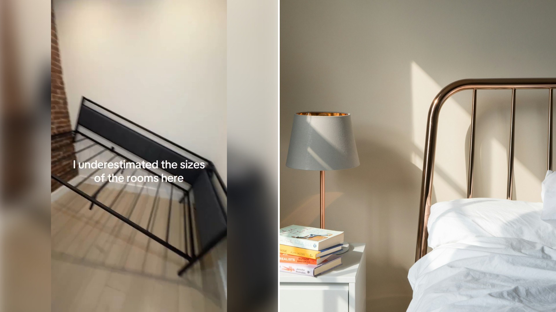 Left: Instagram reel still of a metal bed frame with on-screen text. Right: a bed with a lamp on a nightstand (Unsplash photo by Holly Stratton).
