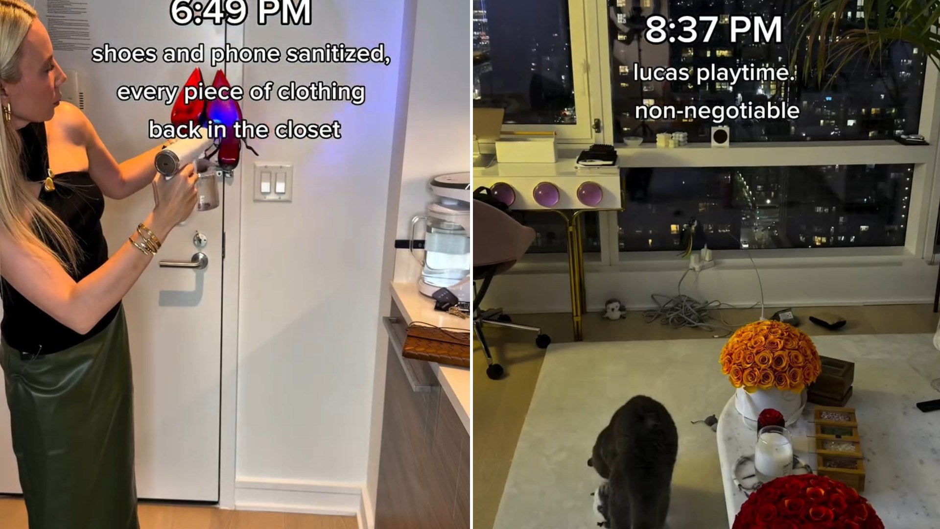Two moments from an Instagram reel: a woman in a kitchen and a city apartment at night.