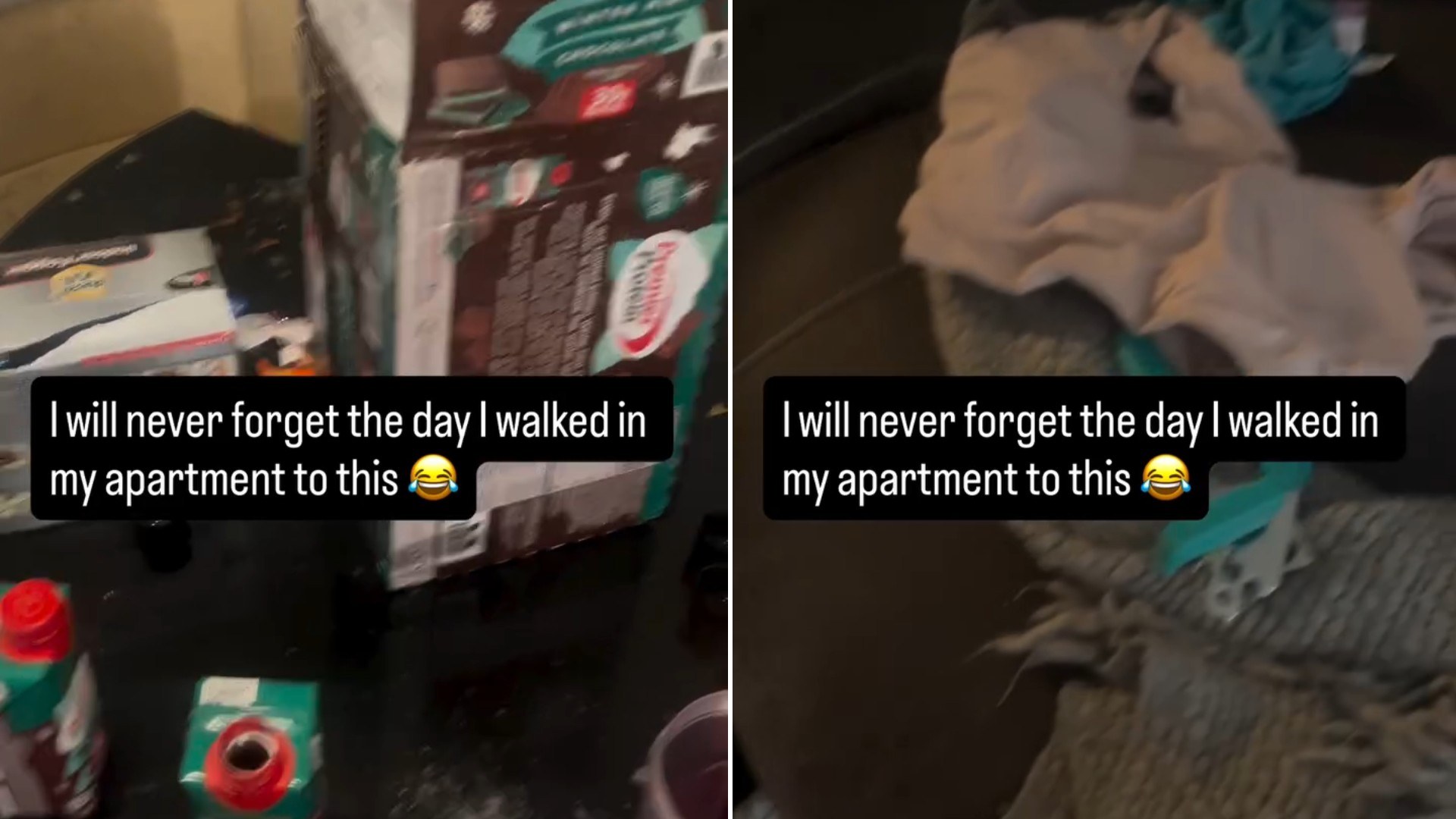 Two moments from an Instagram reel: a dark room and scattered belongings on the floor.