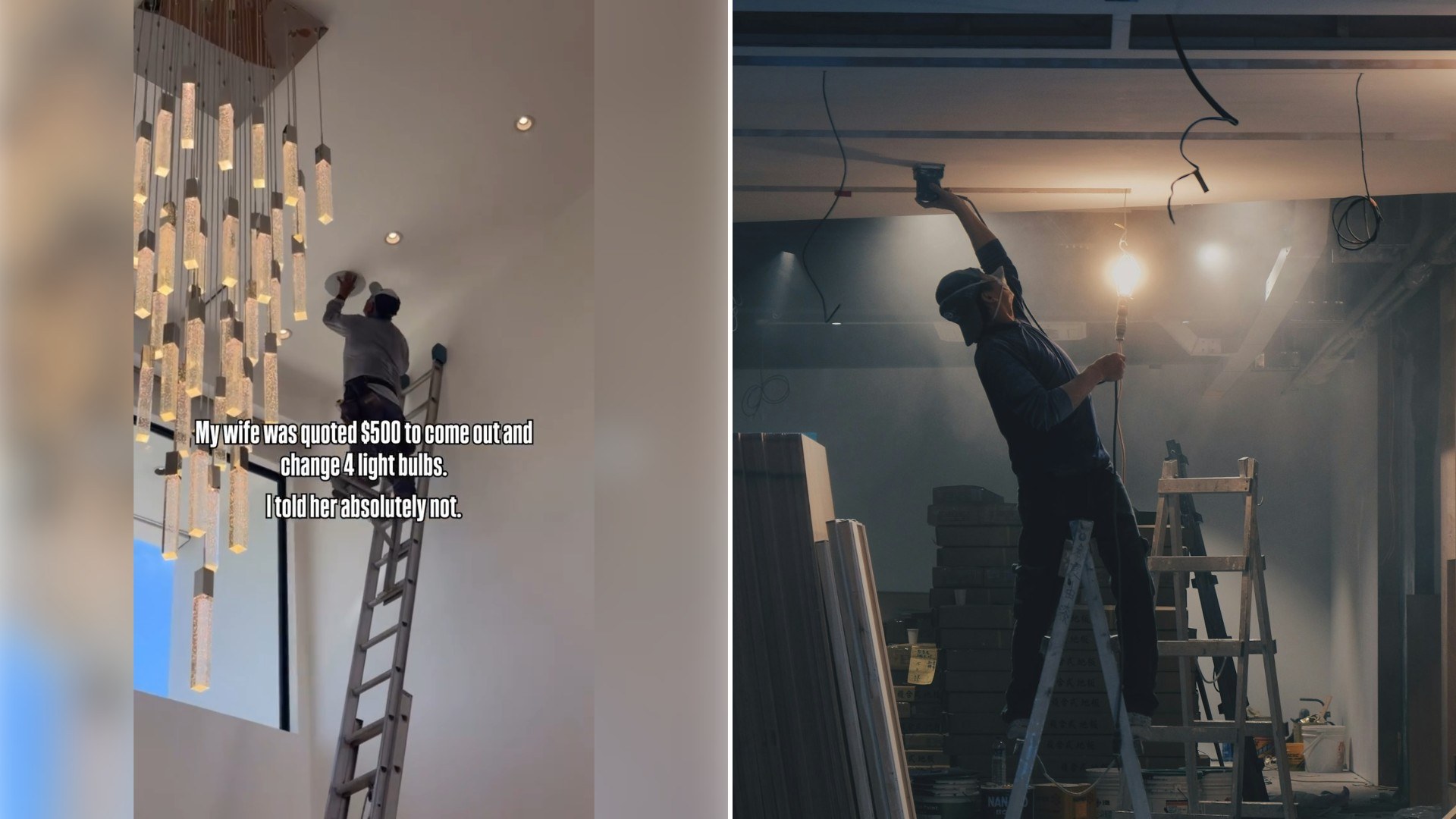 Left: Instagram reel still of a person on a ladder with on-screen text. Right: a man on a white ladder (Unsplash photo by H&CO).