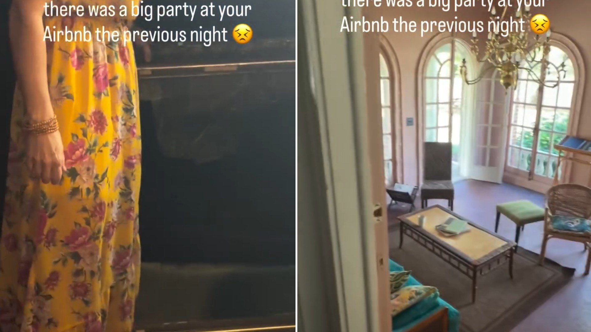 Two moments from an Instagram reel: a woman in a yellow dress and an apartment interior.