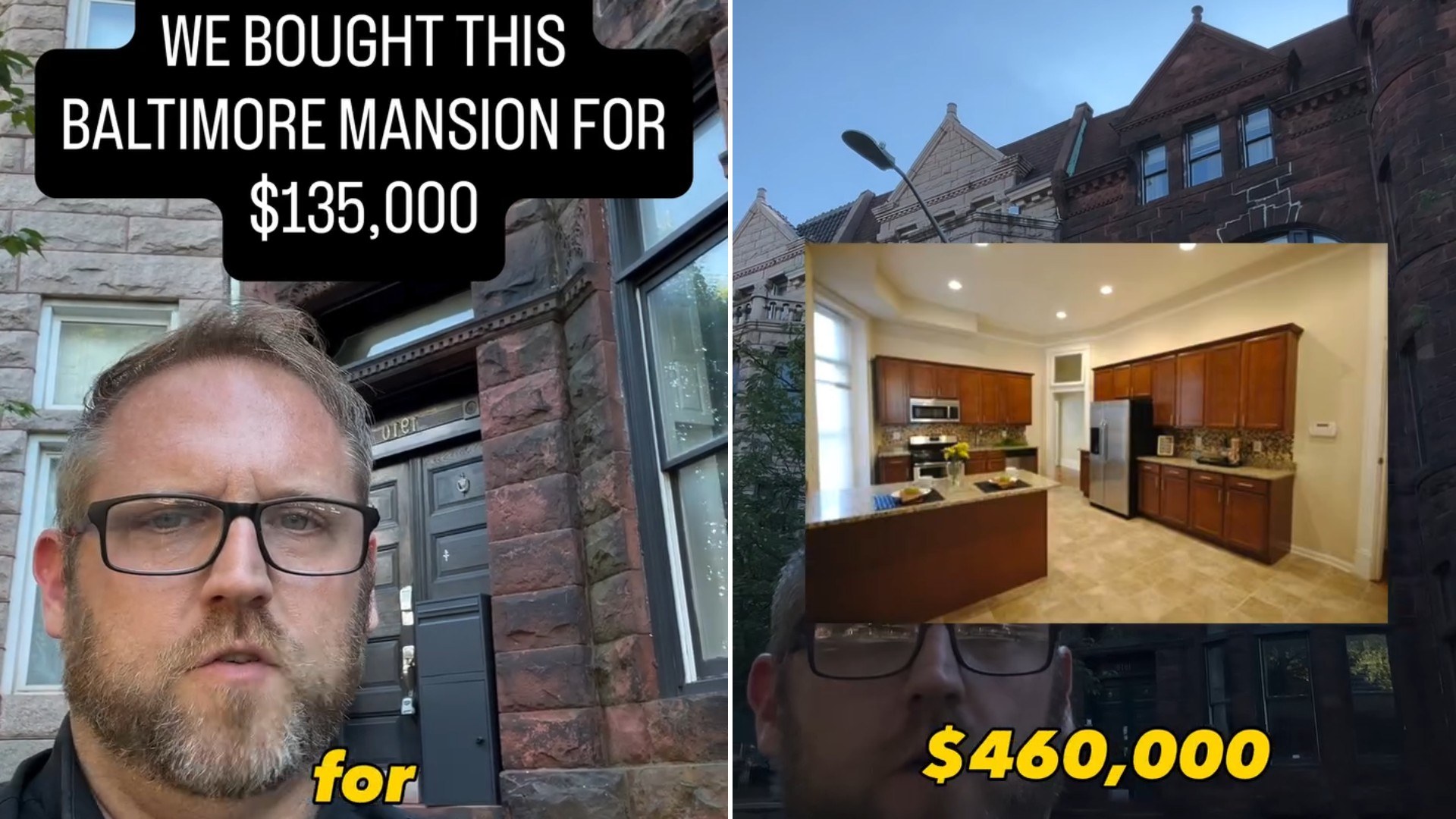 Two moments from an Instagram reel: a man talking outside a brick building and a renovated room.