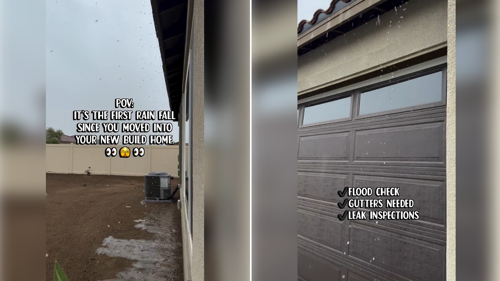 Two moments from an Instagram reel: an exterior wall and a garage door with on-screen text.