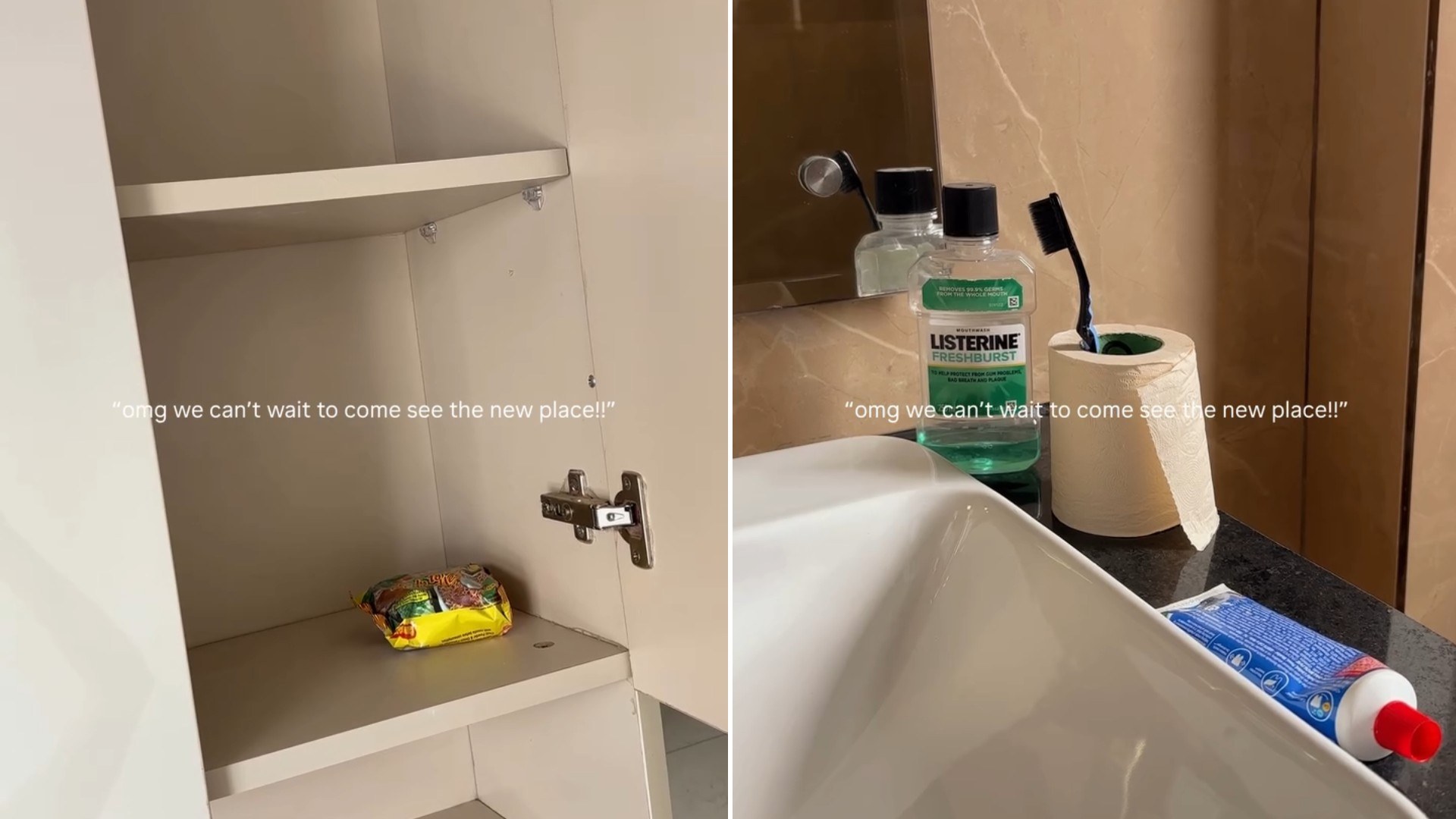 Two moments from an Instagram reel: empty closet shelves and a bathroom sink.