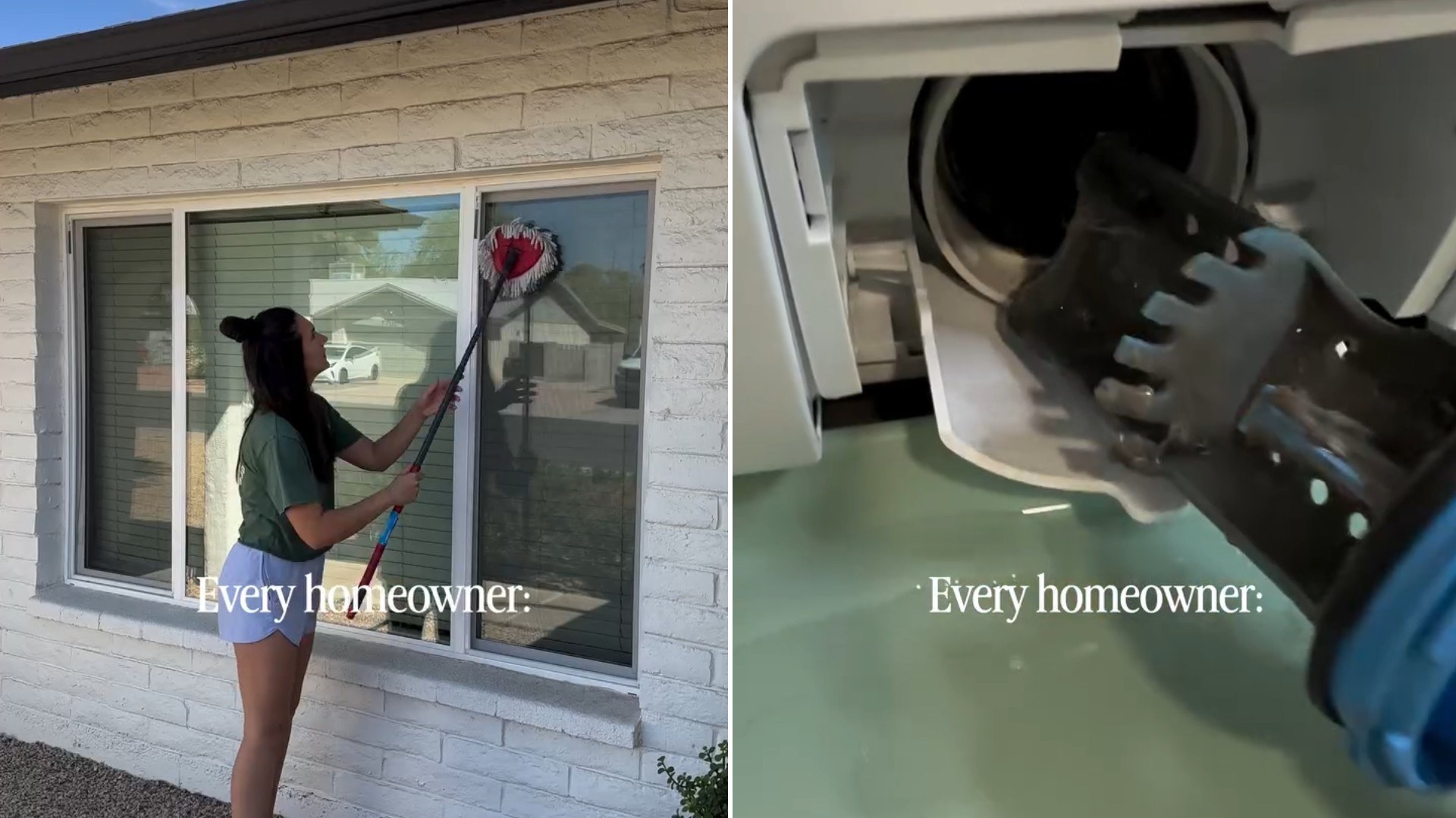 Two moments from an Instagram reel: a woman cleaning a window and the inside of a dryer.
