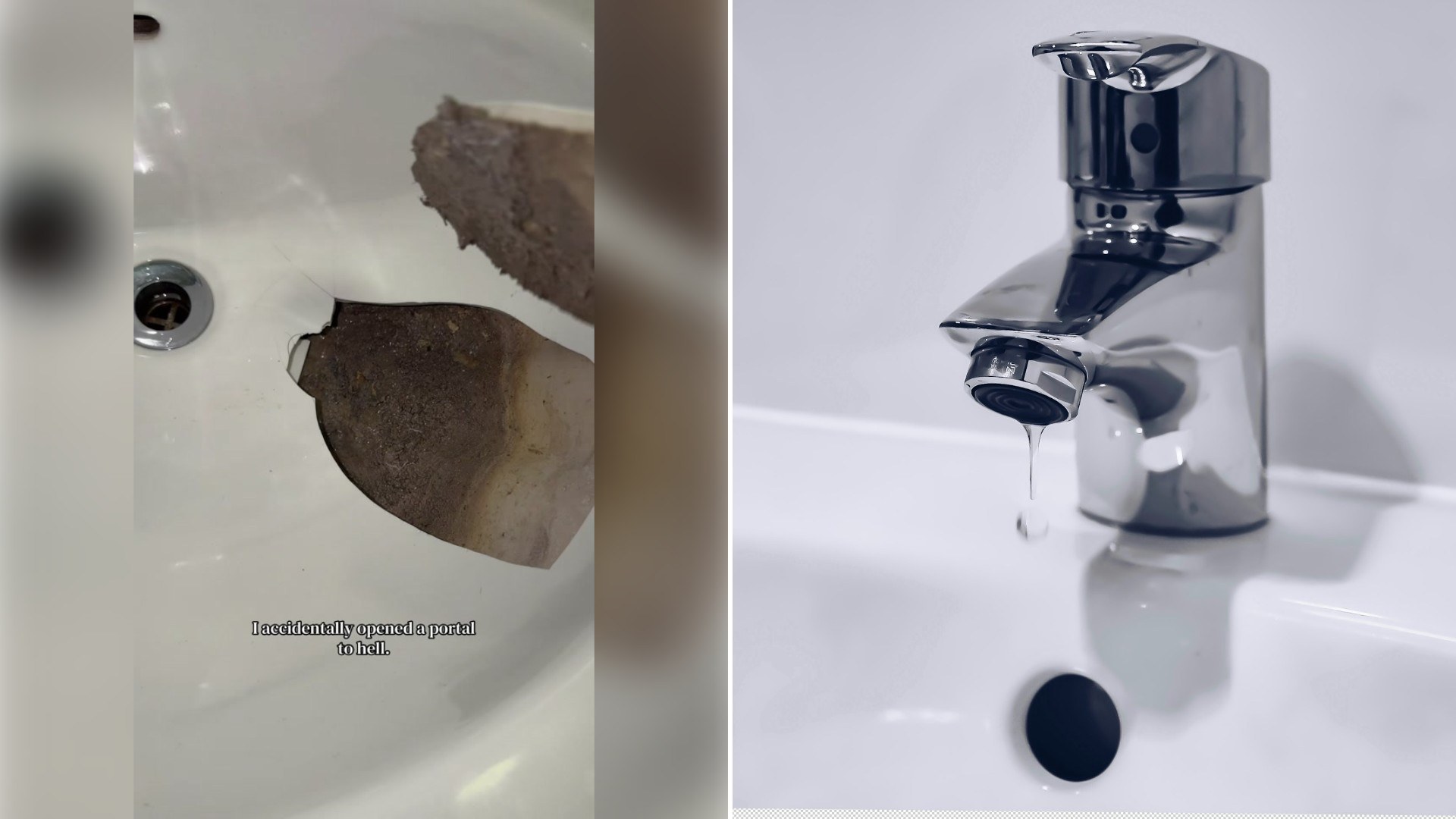 Left: TikTok still of a cracked sink basin with on-screen text. Right: a faucet over a sink (Unsplash photo by Sasikan Ulevik).