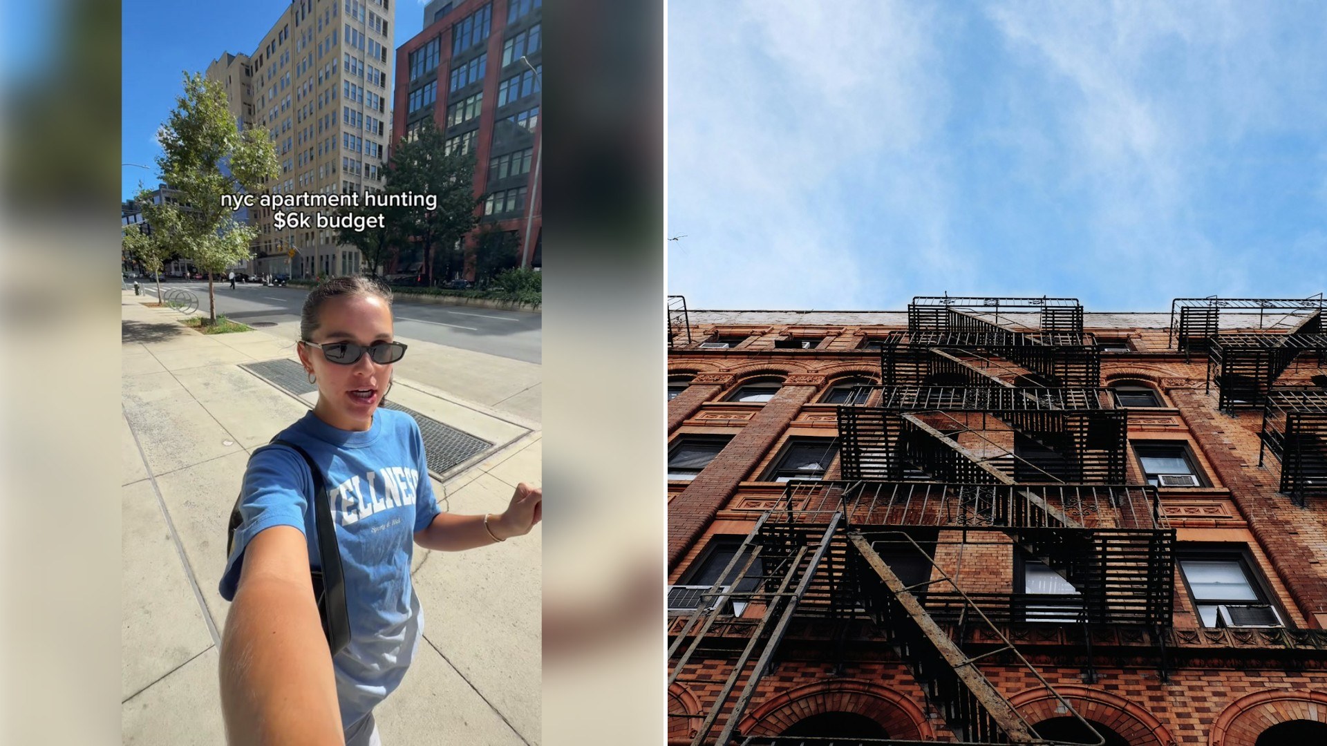 Left: TikTok still of a woman apartment hunting on a city sidewalk. Right: a brown apartment building seen from below (Unsplash photo by Daryan Shamkhali).