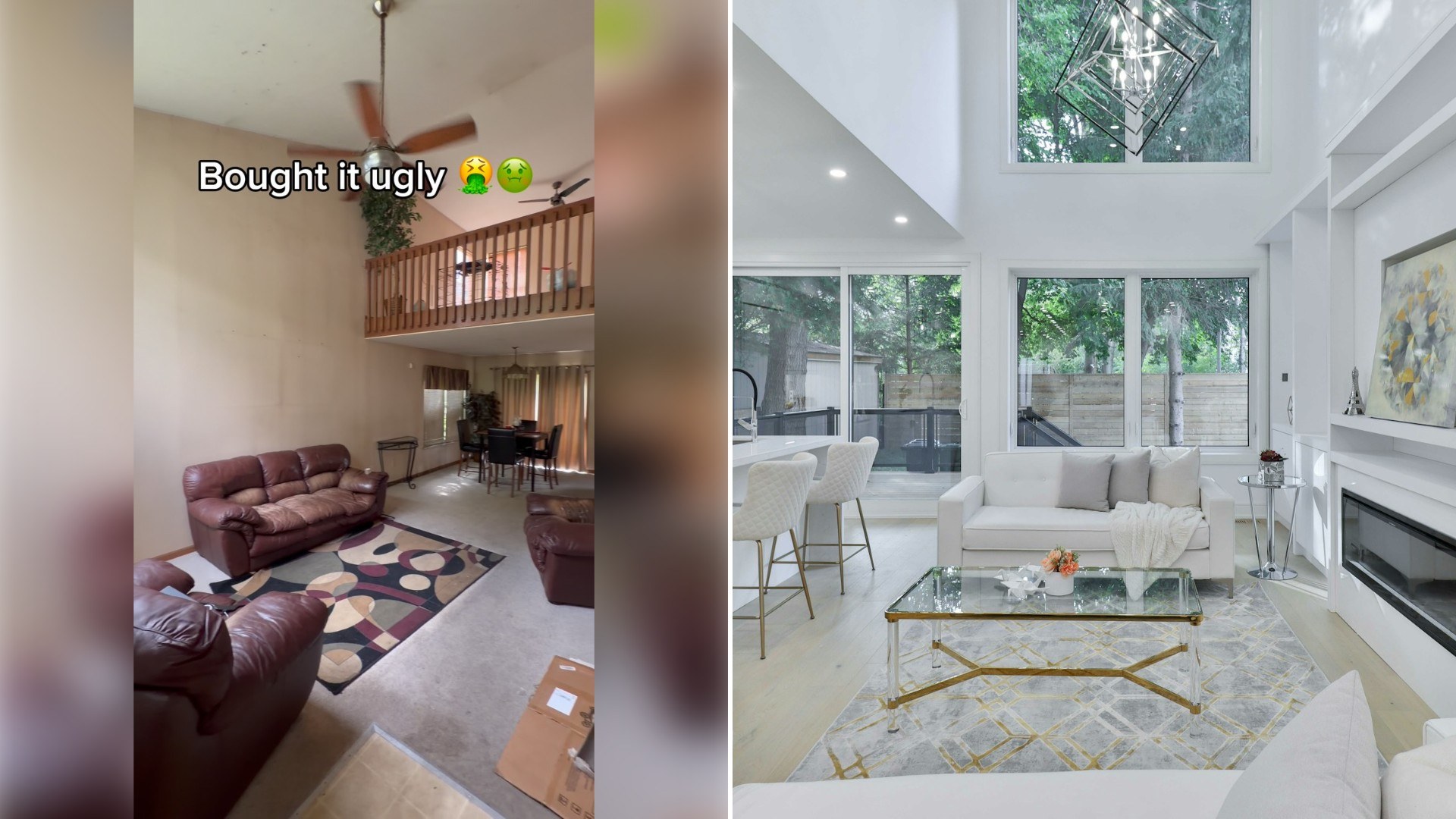 Left: Instagram reel still of a living room with a loft overlooking it under a "Bought it ugly" caption. Right: a bright, renovated living room with tall windows (Unsplash photo by Lotus Design N Print).