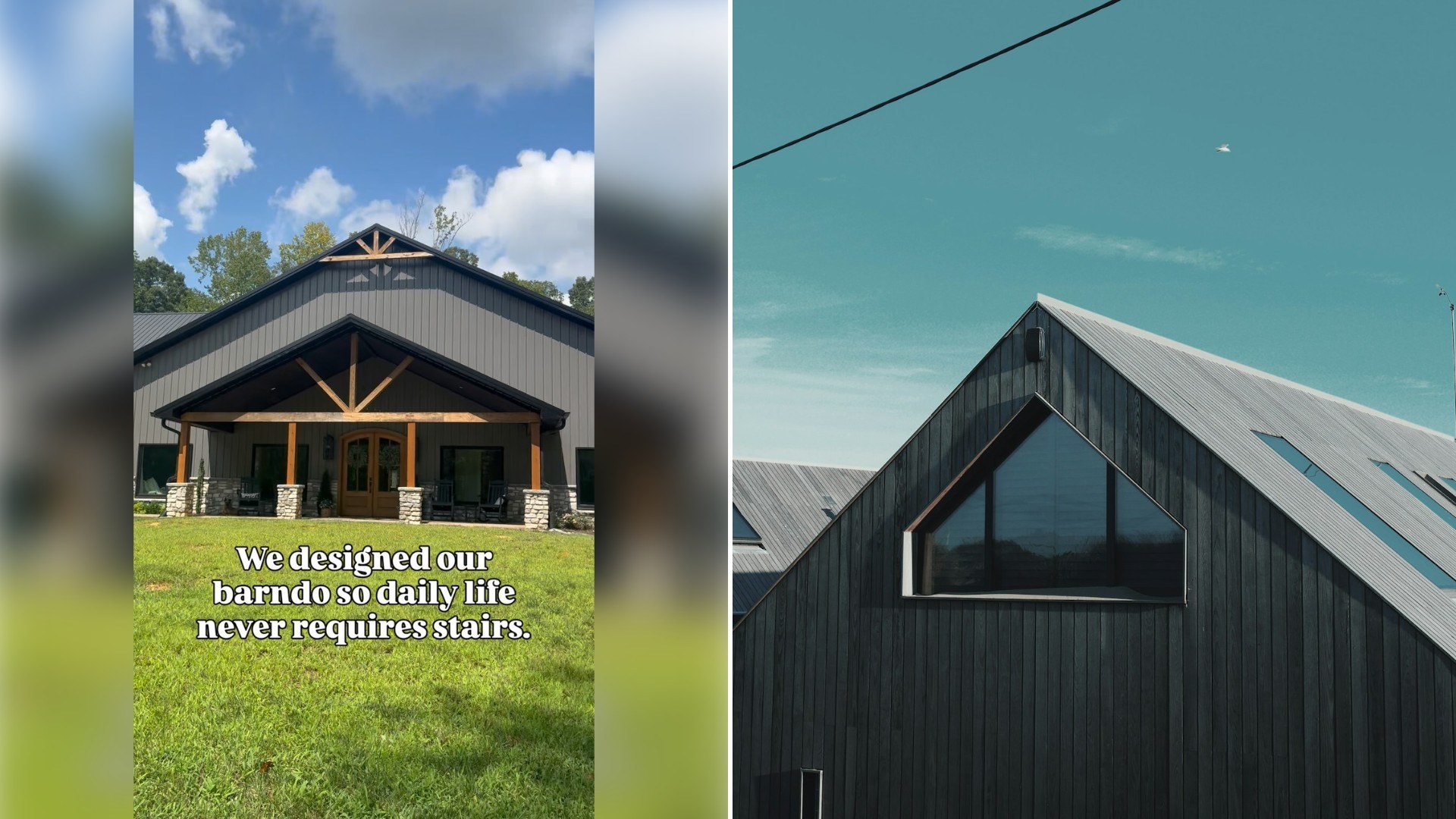 Left: Instagram reel still of a barn-style house with a caption about having no stairs. Right: a dark gabled modern house (Unsplash photo by Oliur).