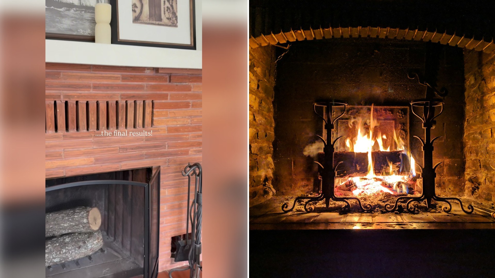 Left: Instagram reel still of a brick fireplace behind a stack of logs. Right: a fire burning in a fireplace (Unsplash photo by Stéphane Juban).