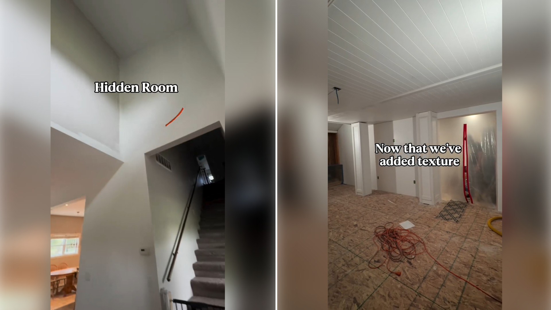 Two moments from an Instagram reel: an unfinished hidden room with a "Hidden Room" caption, then the finished space with textured floors.