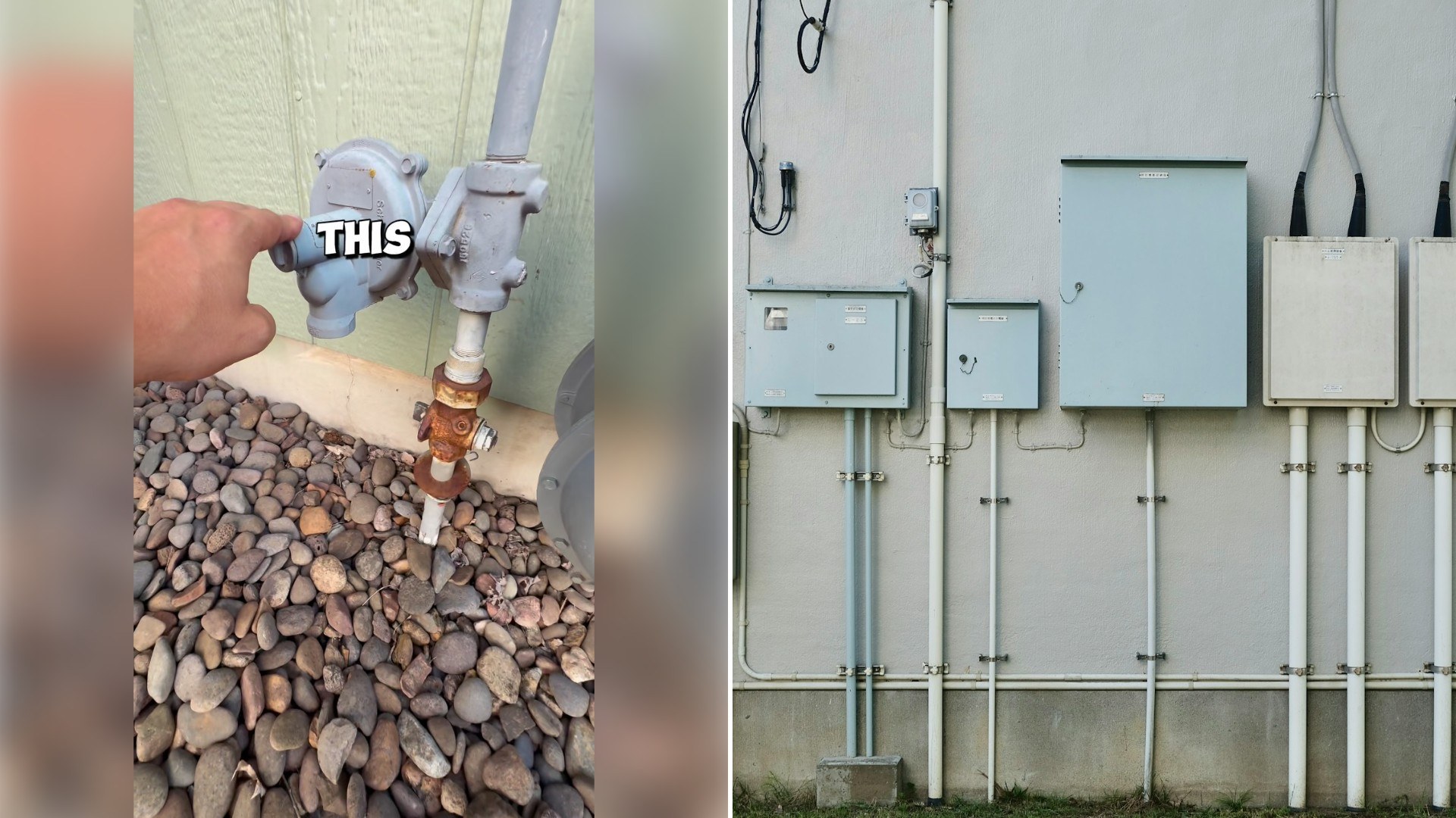 Left: Instagram reel still of a hand pointing at a gas fixture on an outside wall above gravel. Right: electrical boxes mounted on a house wall (Unsplash photo by Jonas Gerlach).