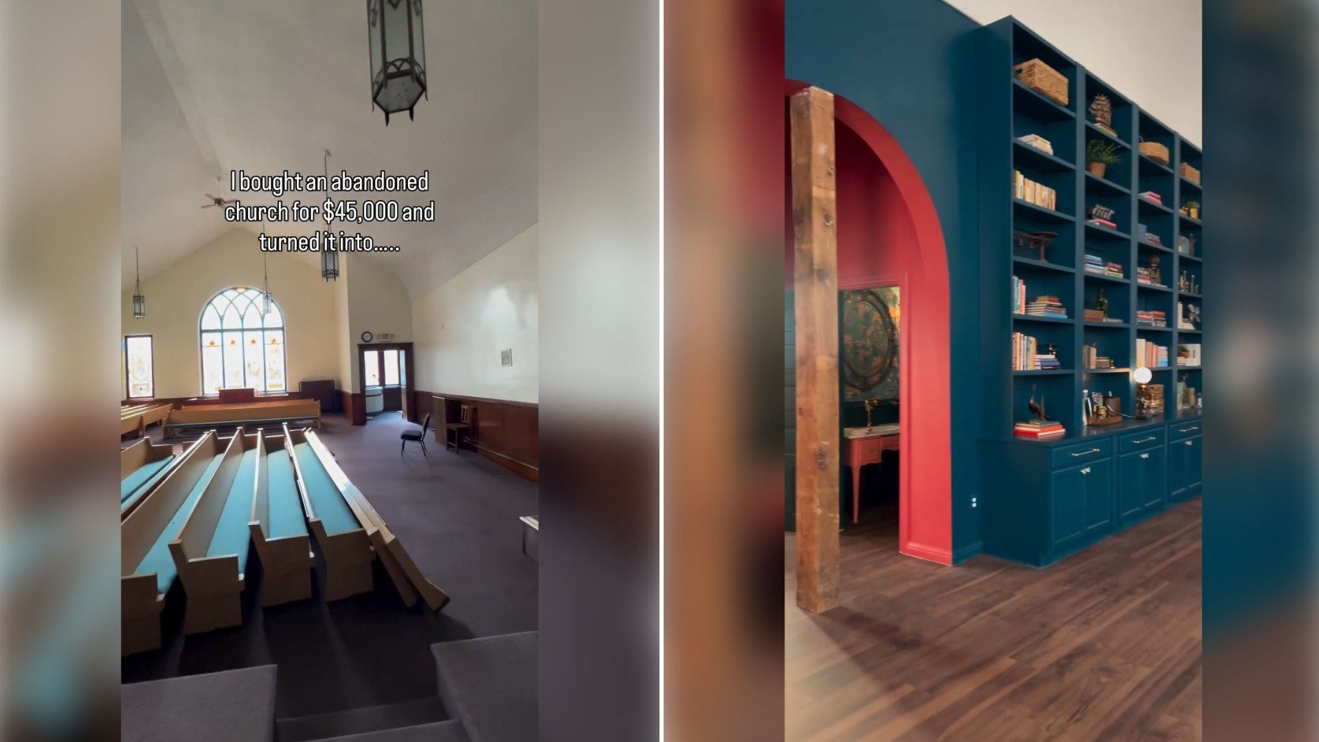 Two moments from an Instagram reel: an empty converted chapel room with stacked lumber, then built-in teal bookcases with an arched doorway.