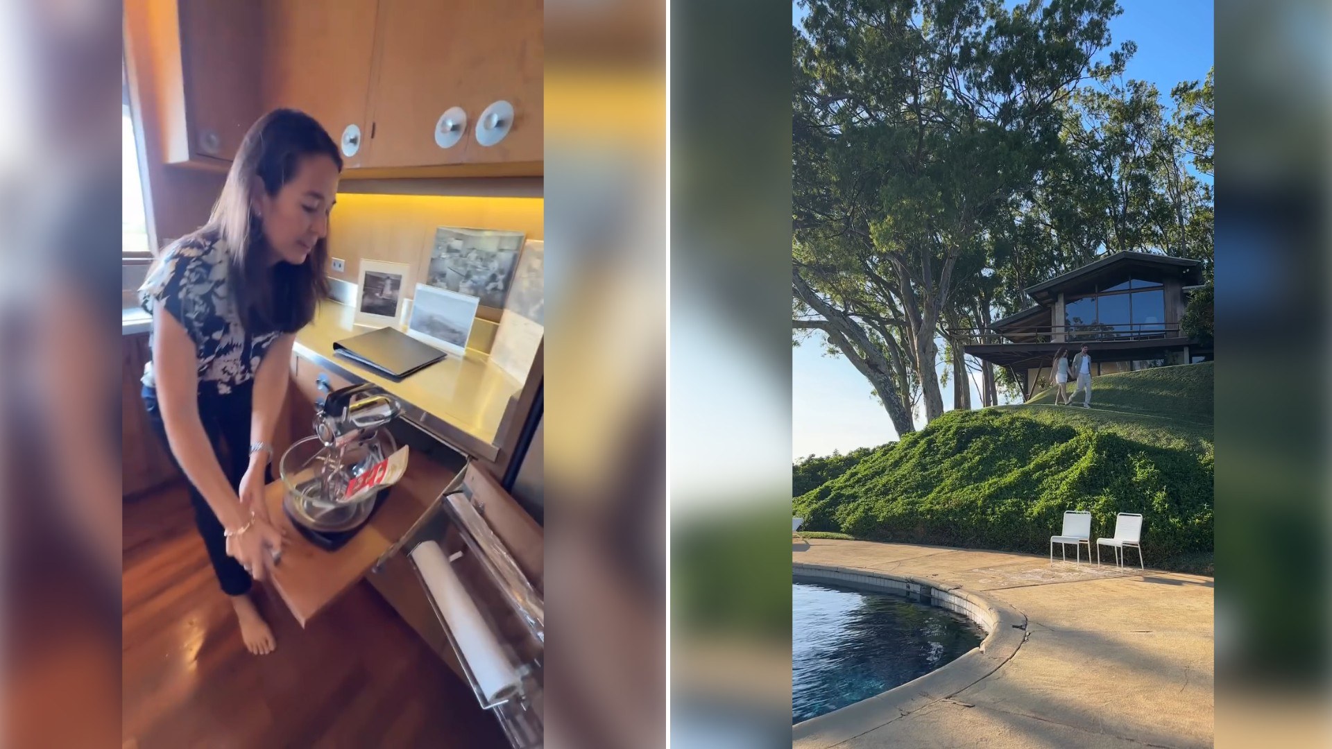 Two moments from an Instagram reel: a woman at a desk with a laptop during a house tour, then a hillside pool and exterior.