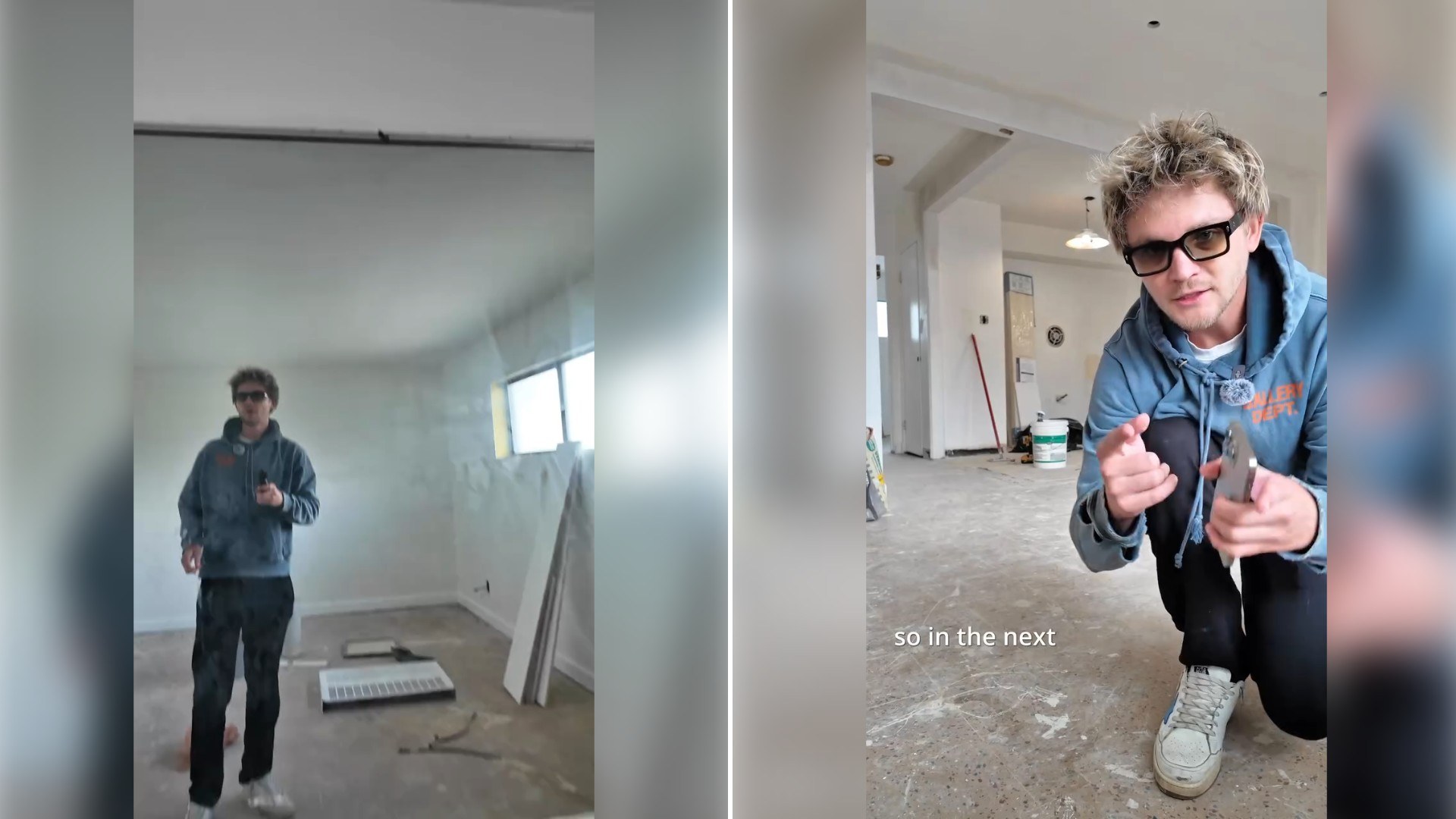 Two moments from an Instagram reel: a man in sunglasses standing in a gutted room, then him crouching with a renovation cost caption.