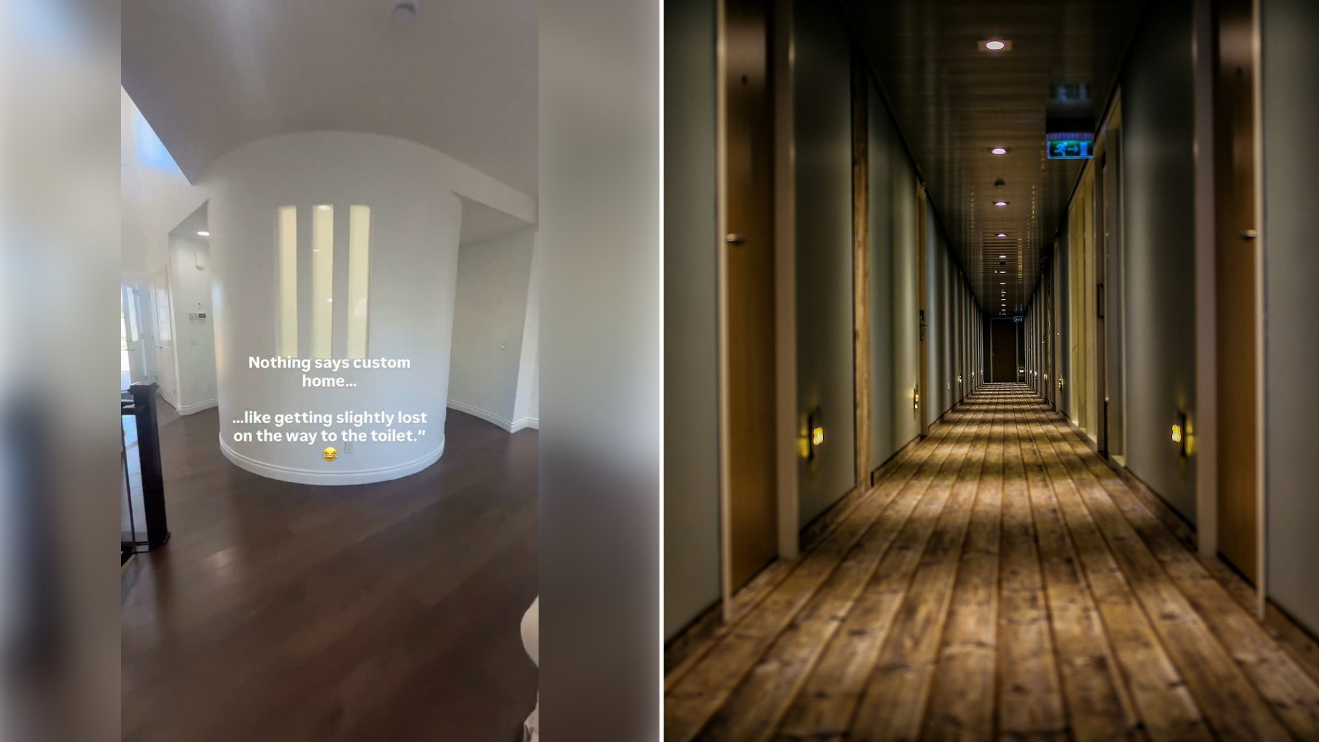 Left: Instagram reel still of a curved hallway interior with a caption about a custom home. Right: a long wood-floored hallway (Unsplash photo by runnyrem).