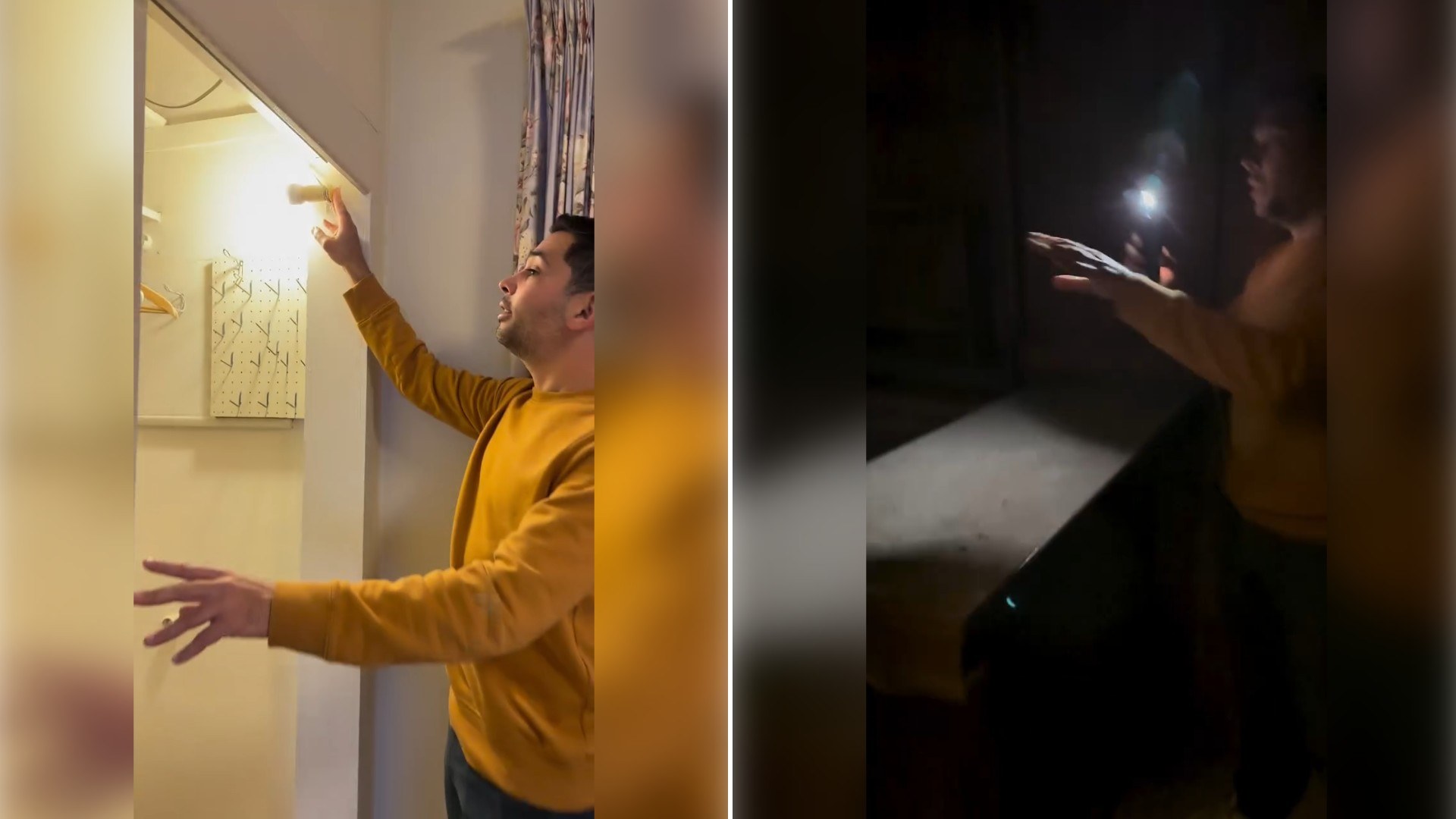 Two moments from an Instagram reel: a man in a yellow jacket reaching up to a ceiling opening, then a flashlight beam in a dark space.