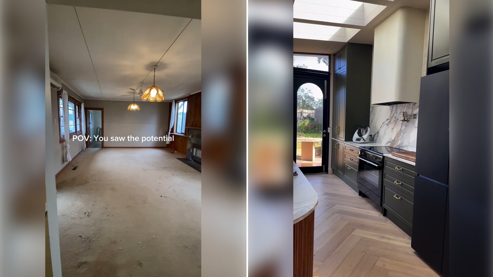 Two moments from an Instagram reel: an empty sunroom with a "POV: you saw the potential" caption, then the finished green and marble kitchen.