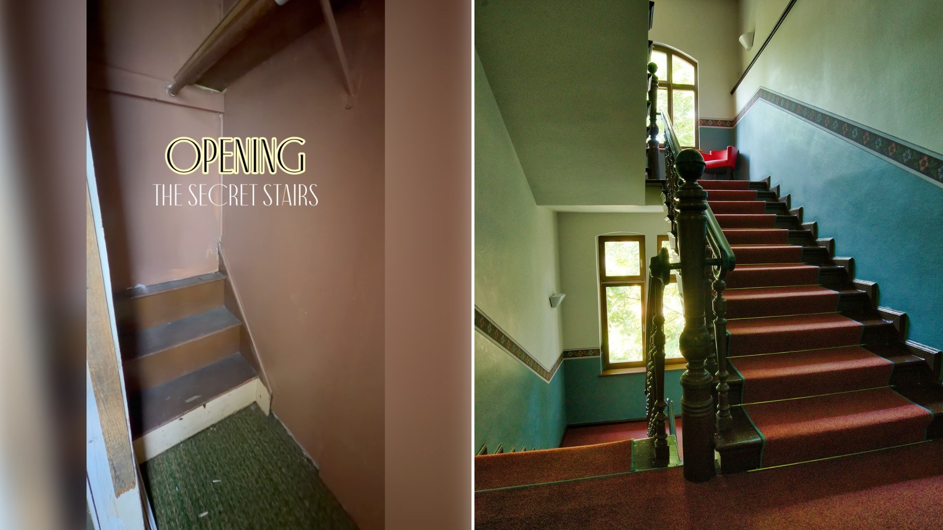 Left: Instagram reel still of a boarded-up staircase behind a wall with an "Opening the secret stairs" title. Right: a wooden staircase with a dark banister (Unsplash photo by Stefan Steinbauer).