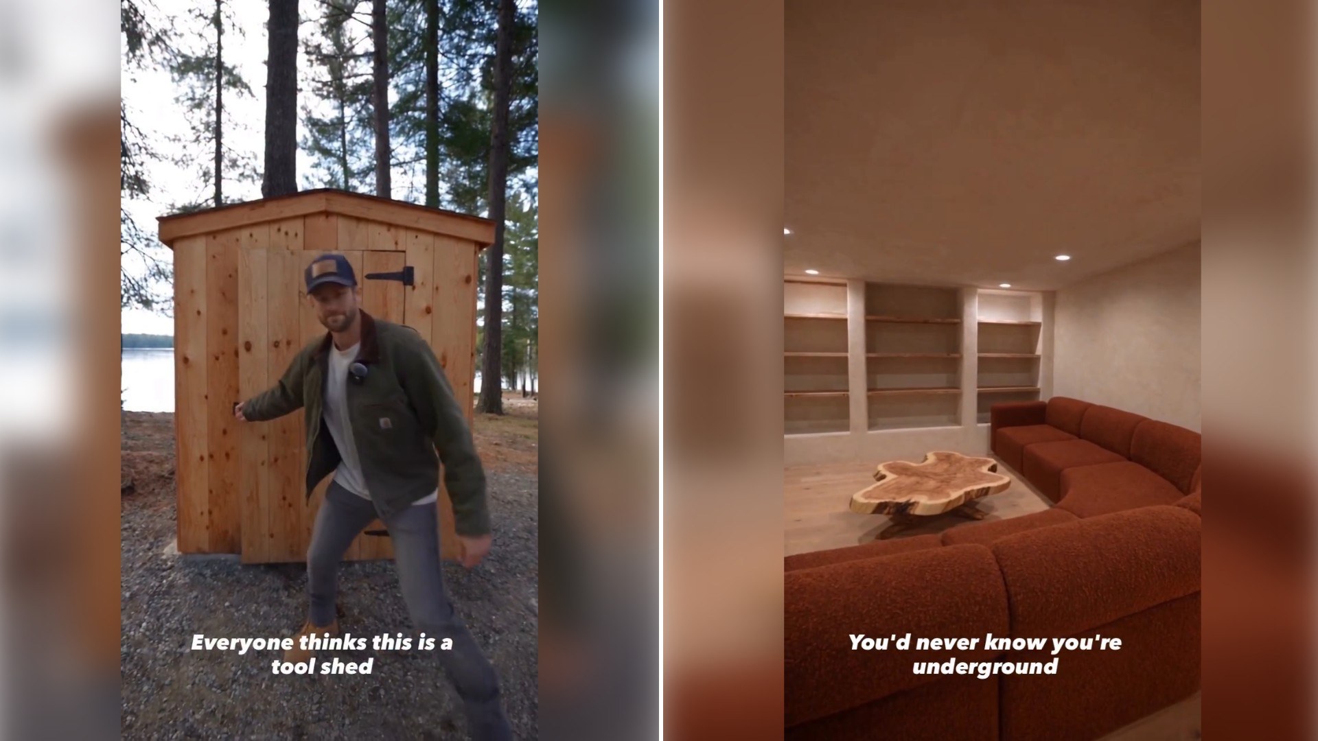 Two moments from an Instagram reel: a man in a cap beside a wooden shed in the woods, then a finished basement with a rust-colored sofa.