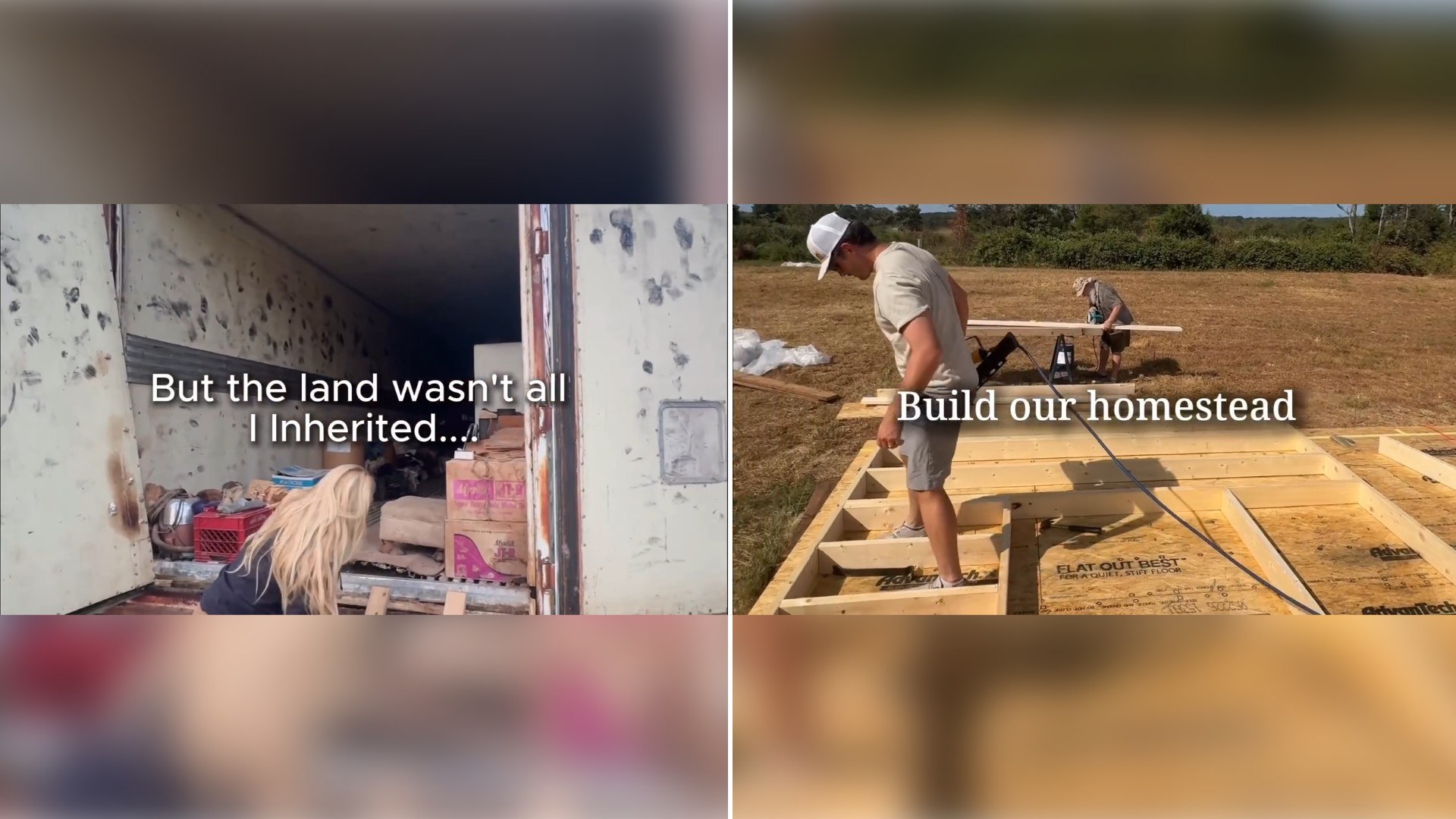 Two moments from an Instagram reel: a stretch of inherited land with a caption about the property, then a wooden frame for a new home being built.