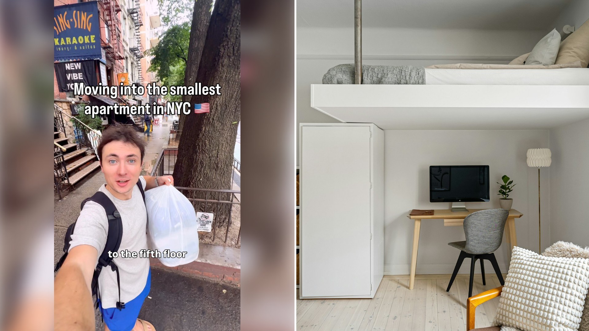 Left: Instagram reel still of a man taking a selfie on a New York street with a caption about the smallest apartment. Right: a compact room with a loft bed and desk (Unsplash photo by Lisa Anna).