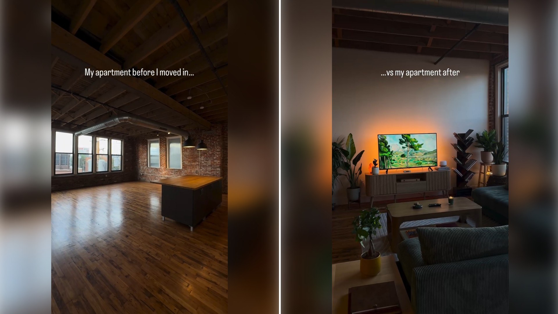 Two moments from an Instagram reel: an empty industrial loft apartment before moving in, then the same loft furnished with a TV and sectional.
