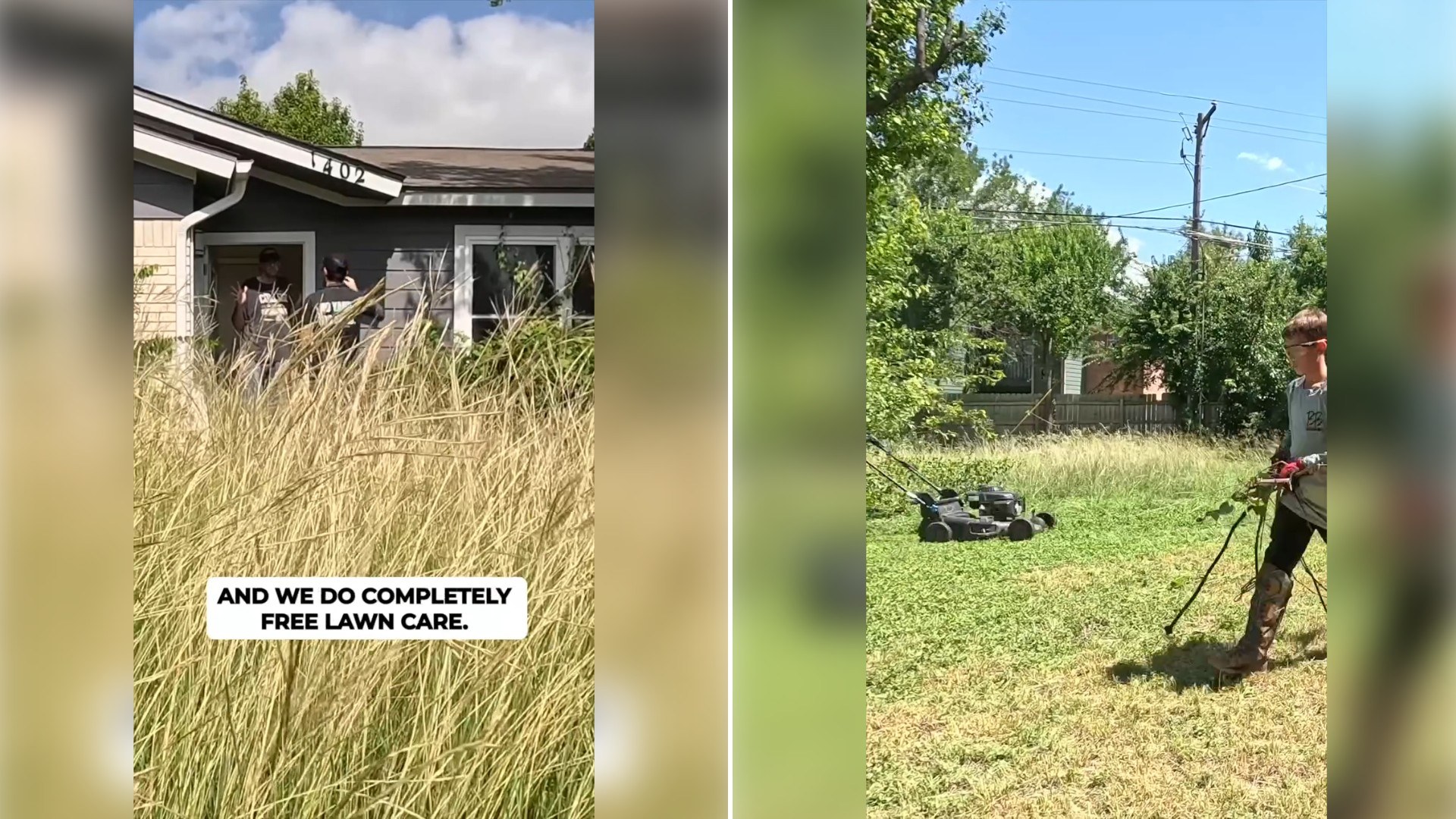 Two moments from an Instagram reel: an overgrown yard with a free lawn-care caption, then a man mowing a lawn.