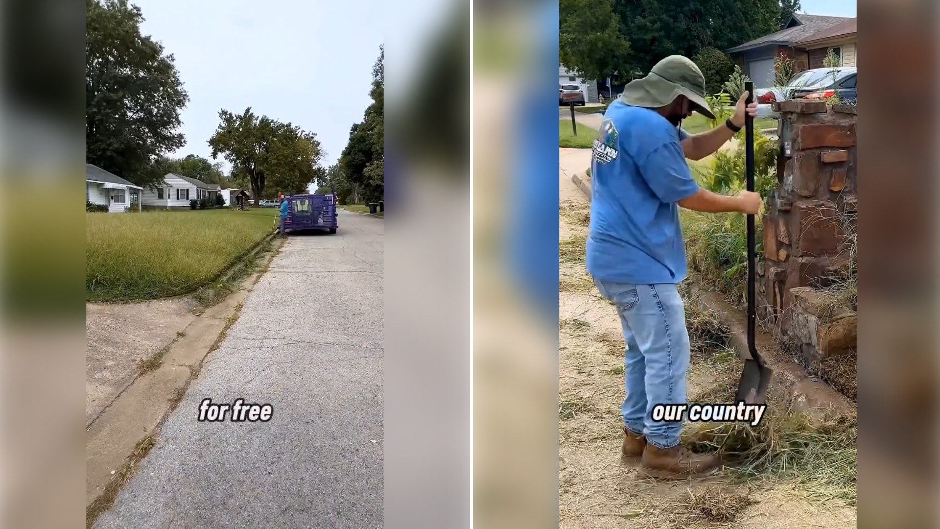 Two moments from an Instagram reel: a quiet residential street, then a man in a blue shirt clearing overgrown brush by a fence.