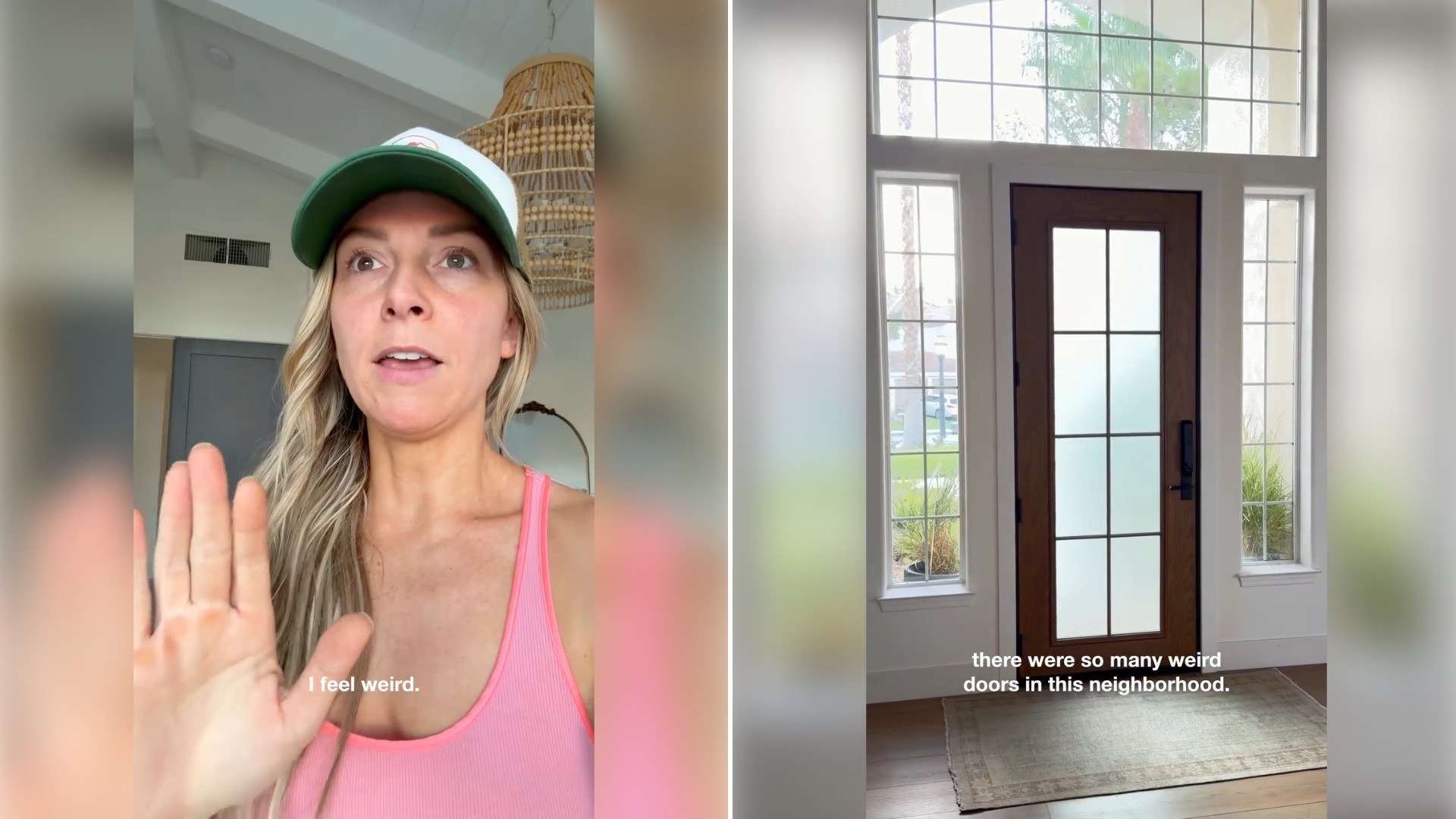 Two moments from an Instagram reel: a woman in a green cap talking to the camera, then a front door with a caption about neighborhood oddities.